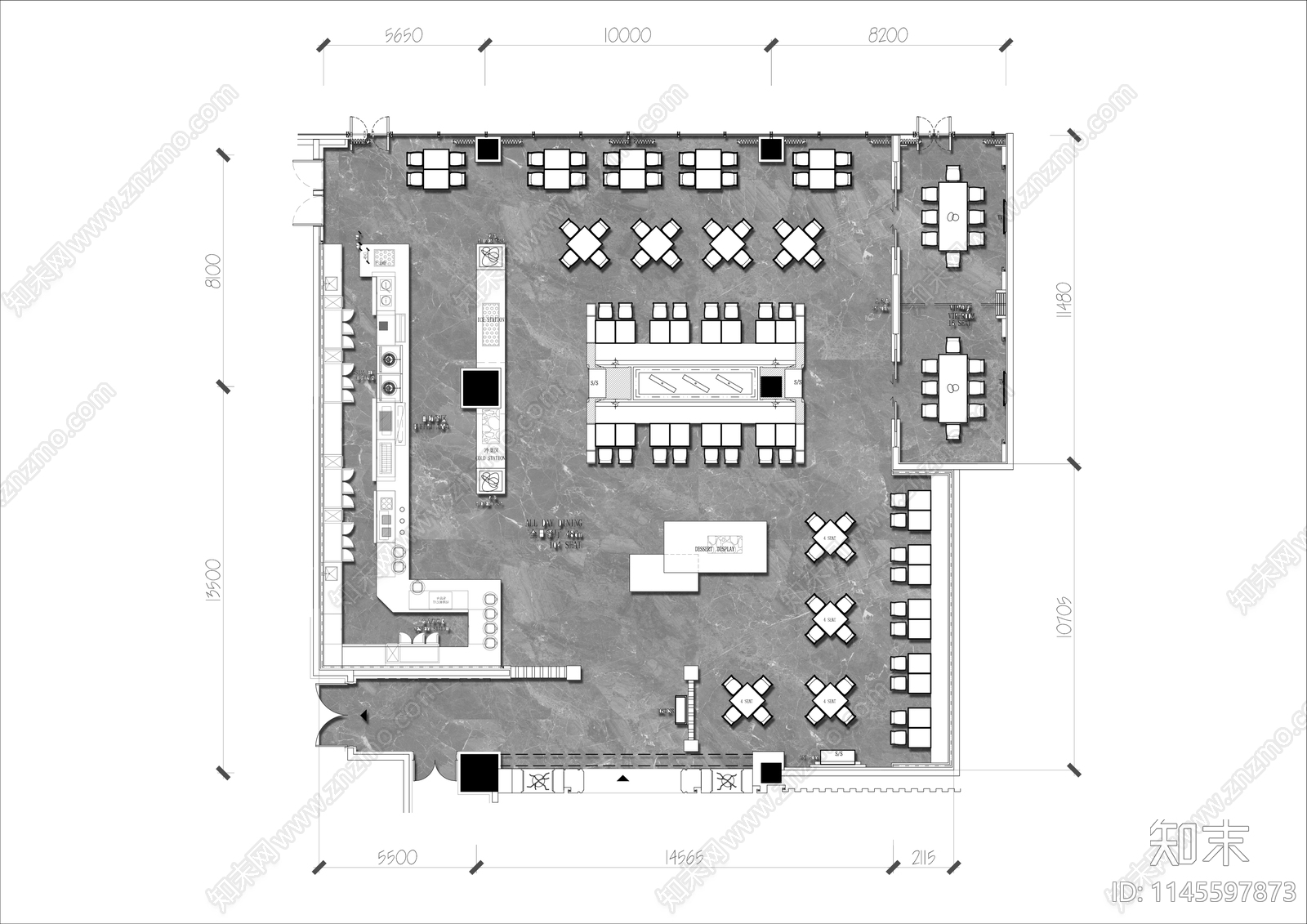 500㎡自助餐厅平面布局cad施工图下载【ID:1145597873】