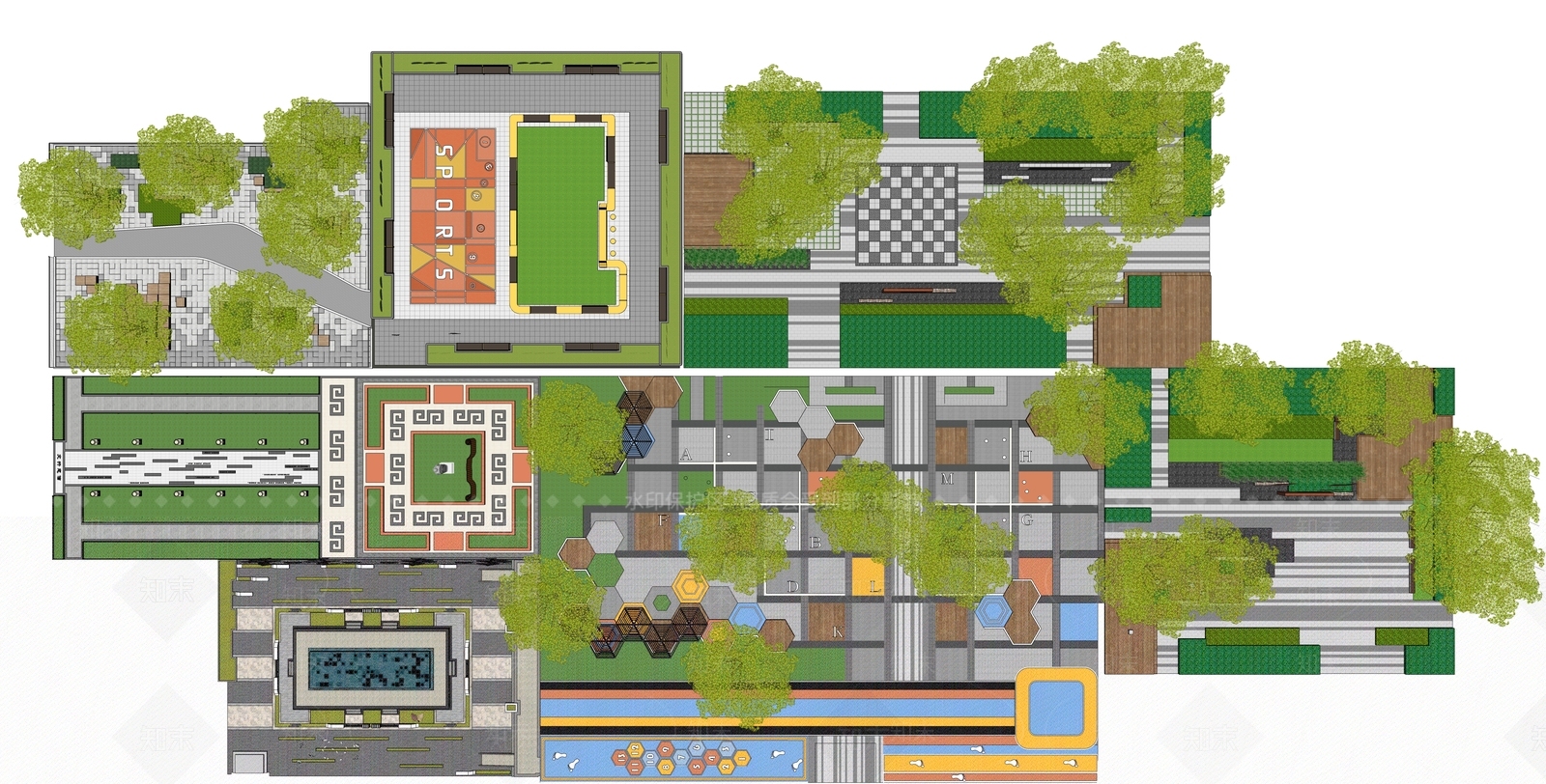 现代校园中庭景观SU模型下载【ID:1145603962】