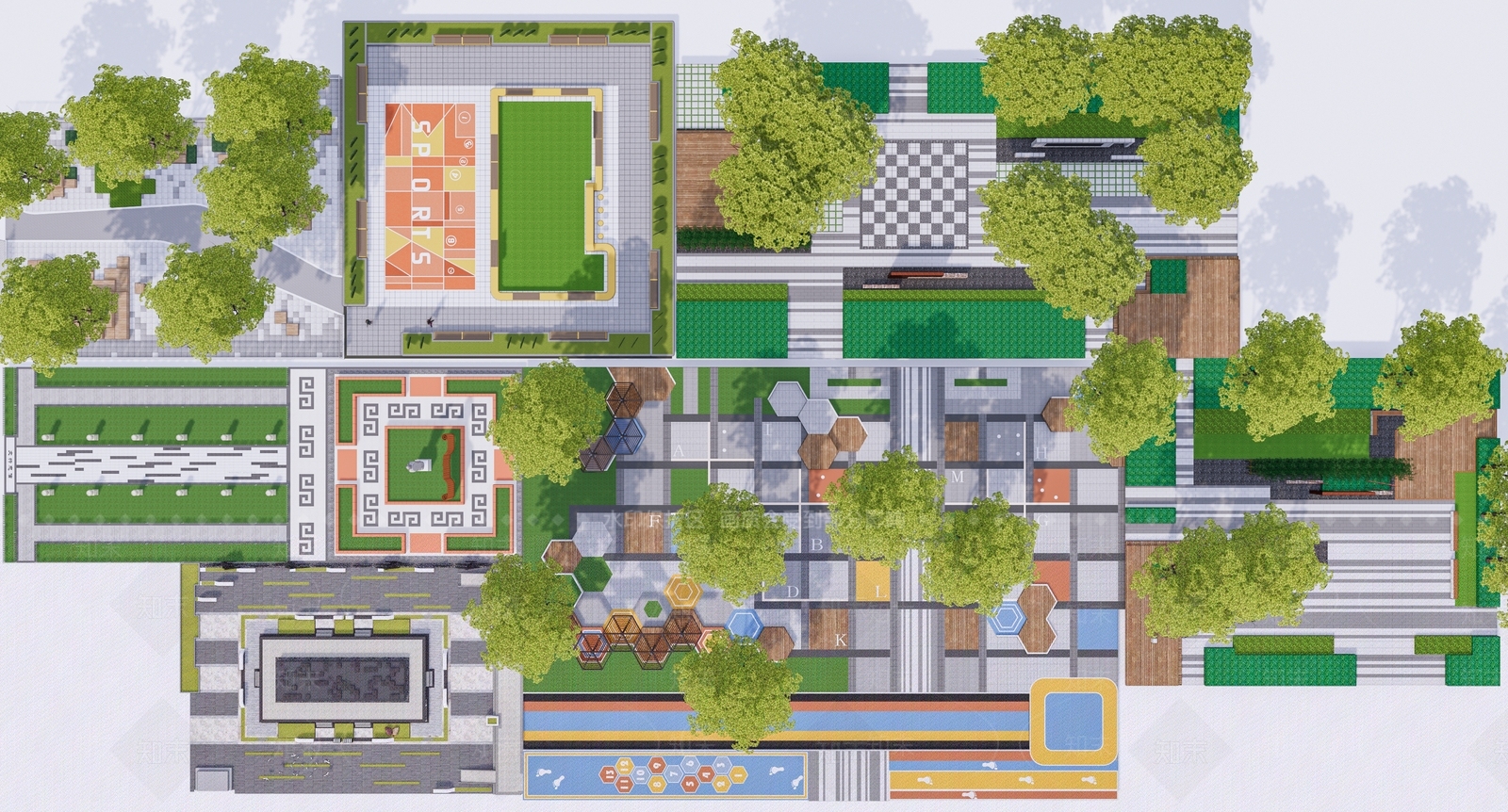 现代校园中庭景观SU模型下载【ID:1145603962】