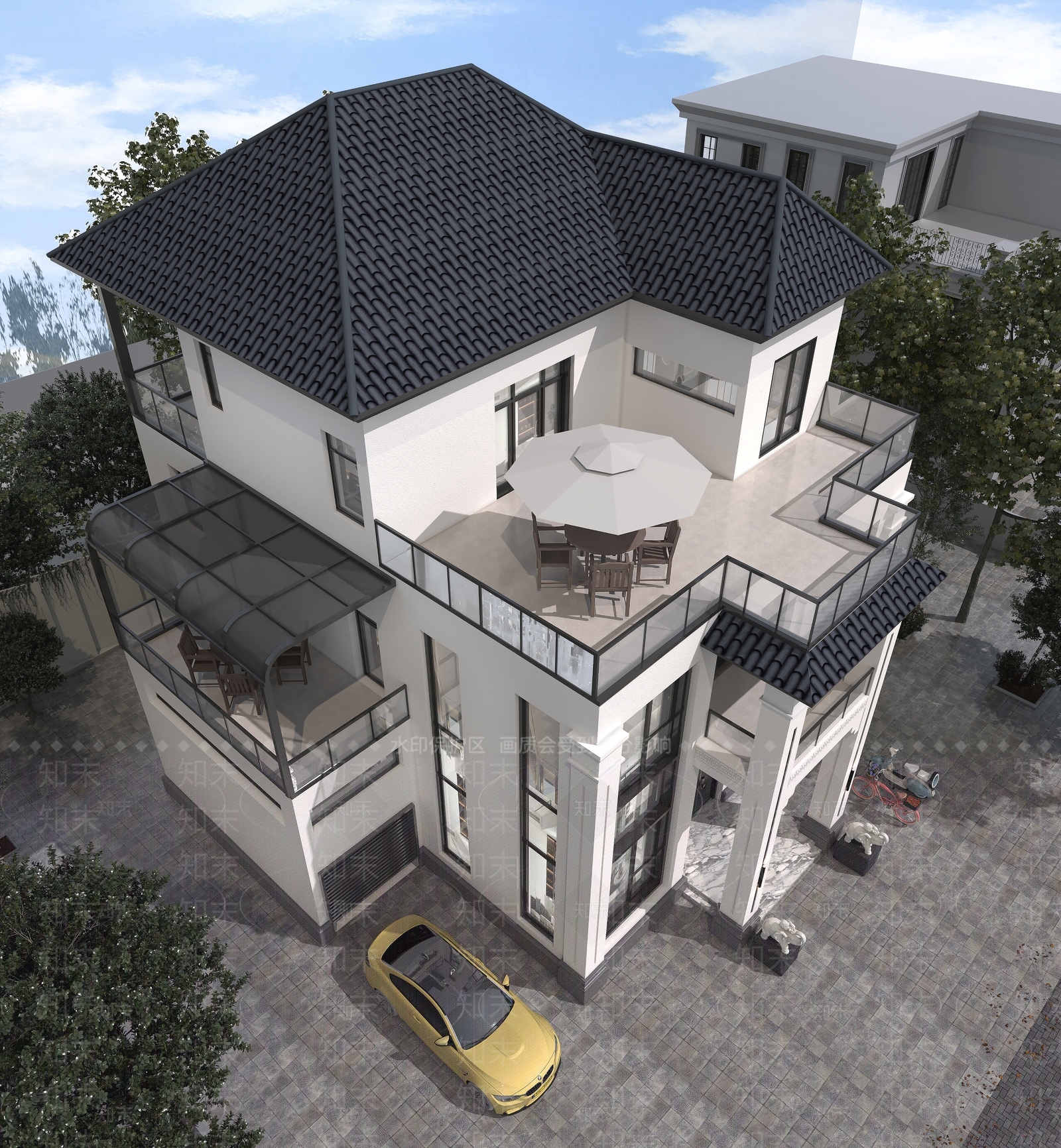 现代独栋别墅外观3D模型下载【ID:1145613716】