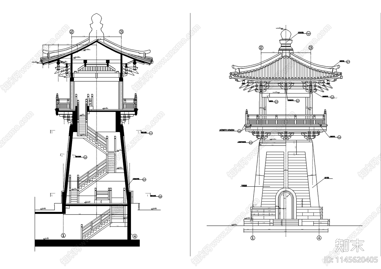 钟鼓楼建筑施工图cad施工图下载【ID:1145620405】