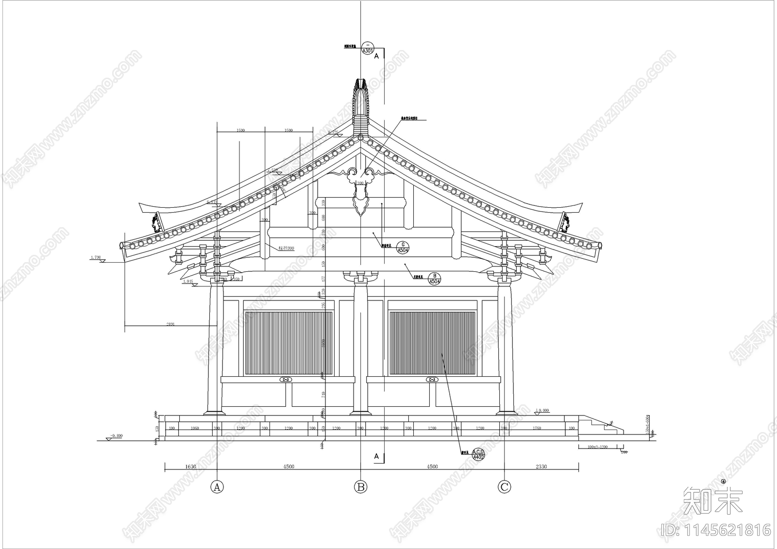 观音殿建筑详图cad施工图下载【ID:1145621816】