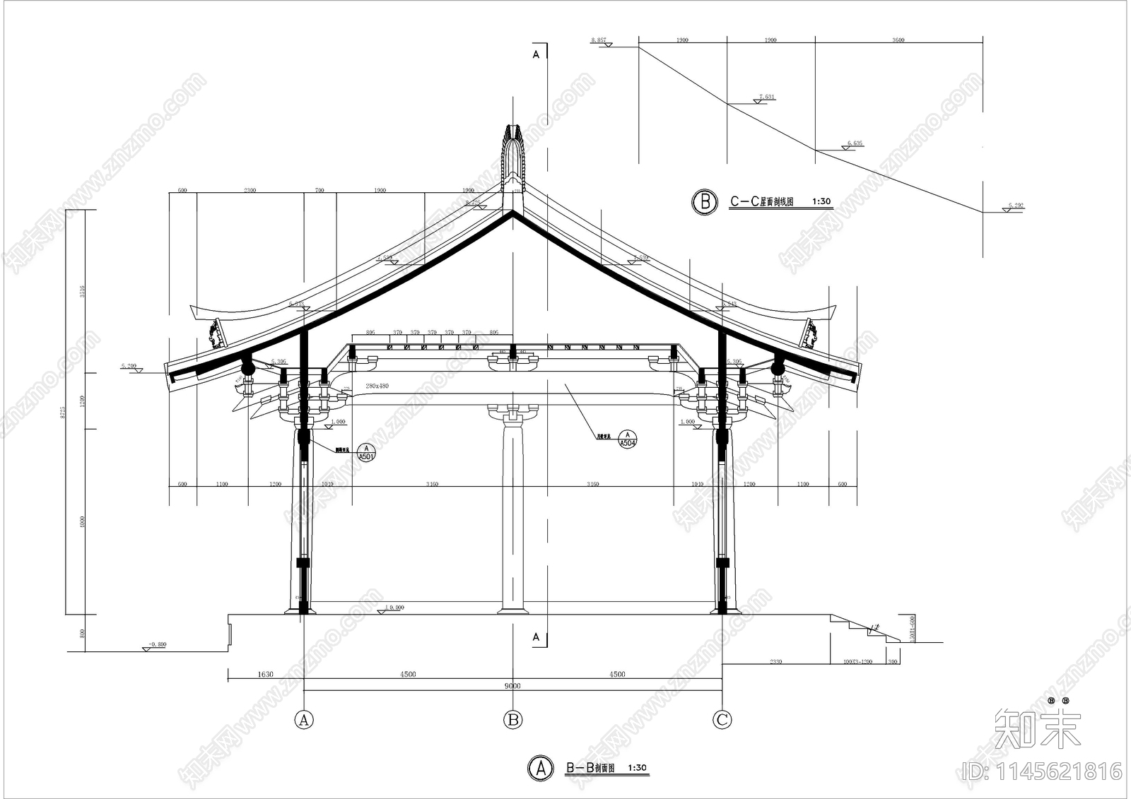 观音殿建筑详图cad施工图下载【ID:1145621816】