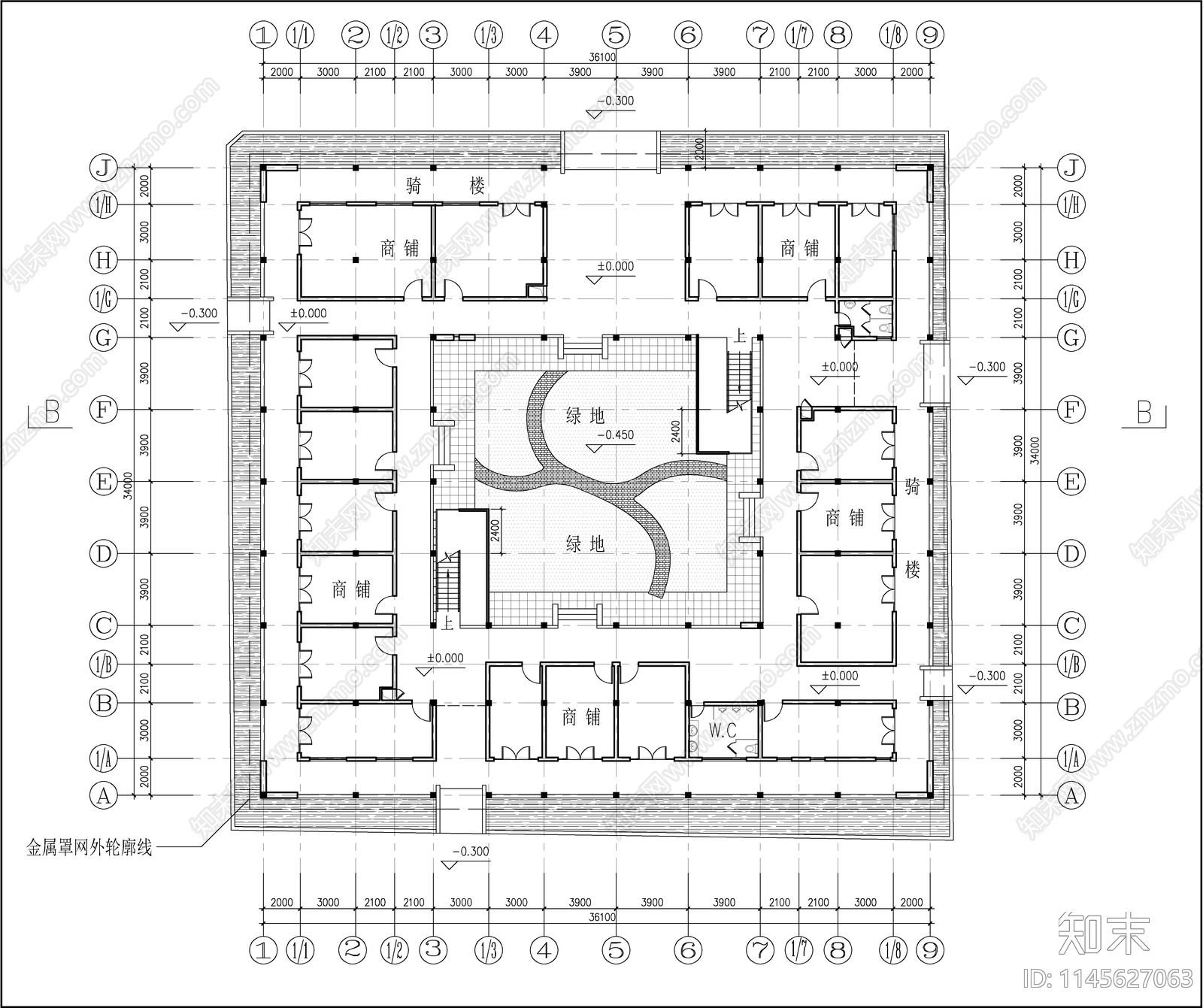 回字形二层商住楼建筑图cad施工图下载【ID:1145627063】