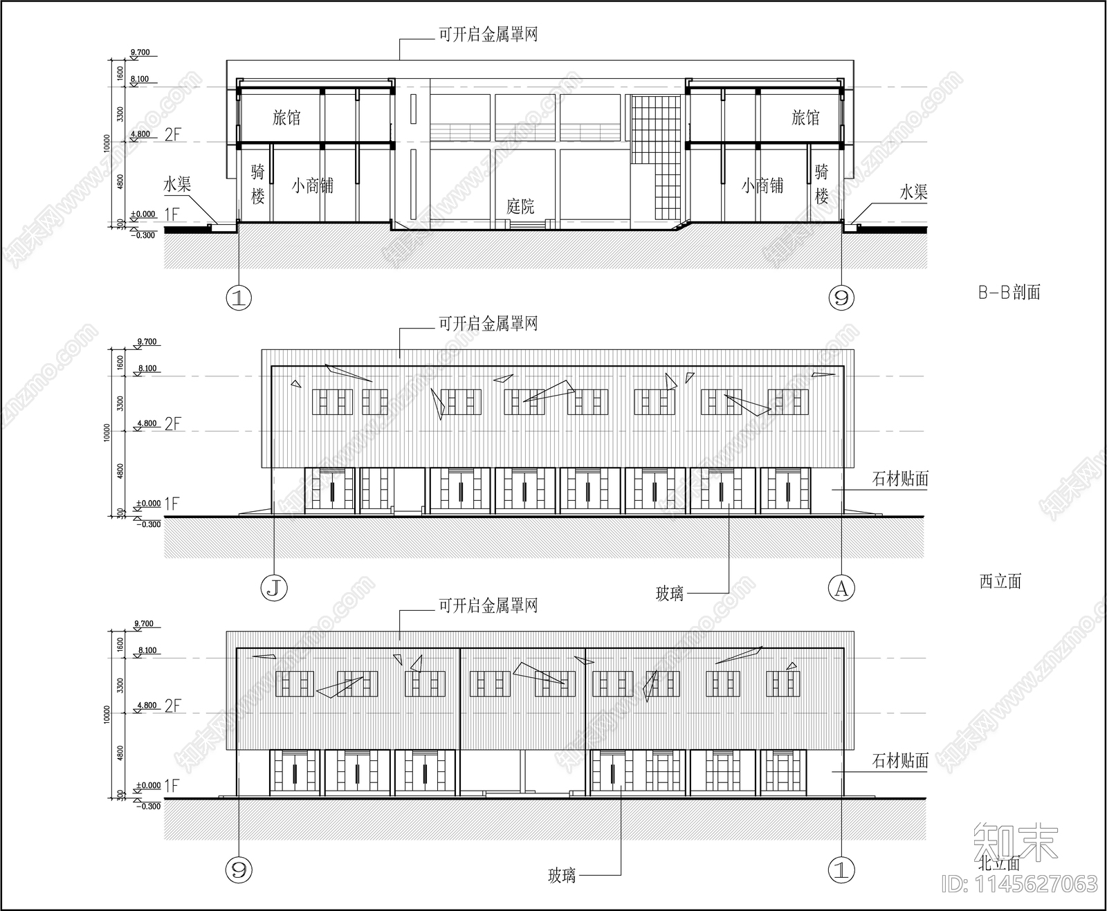 回字形二层商住楼建筑图cad施工图下载【ID:1145627063】