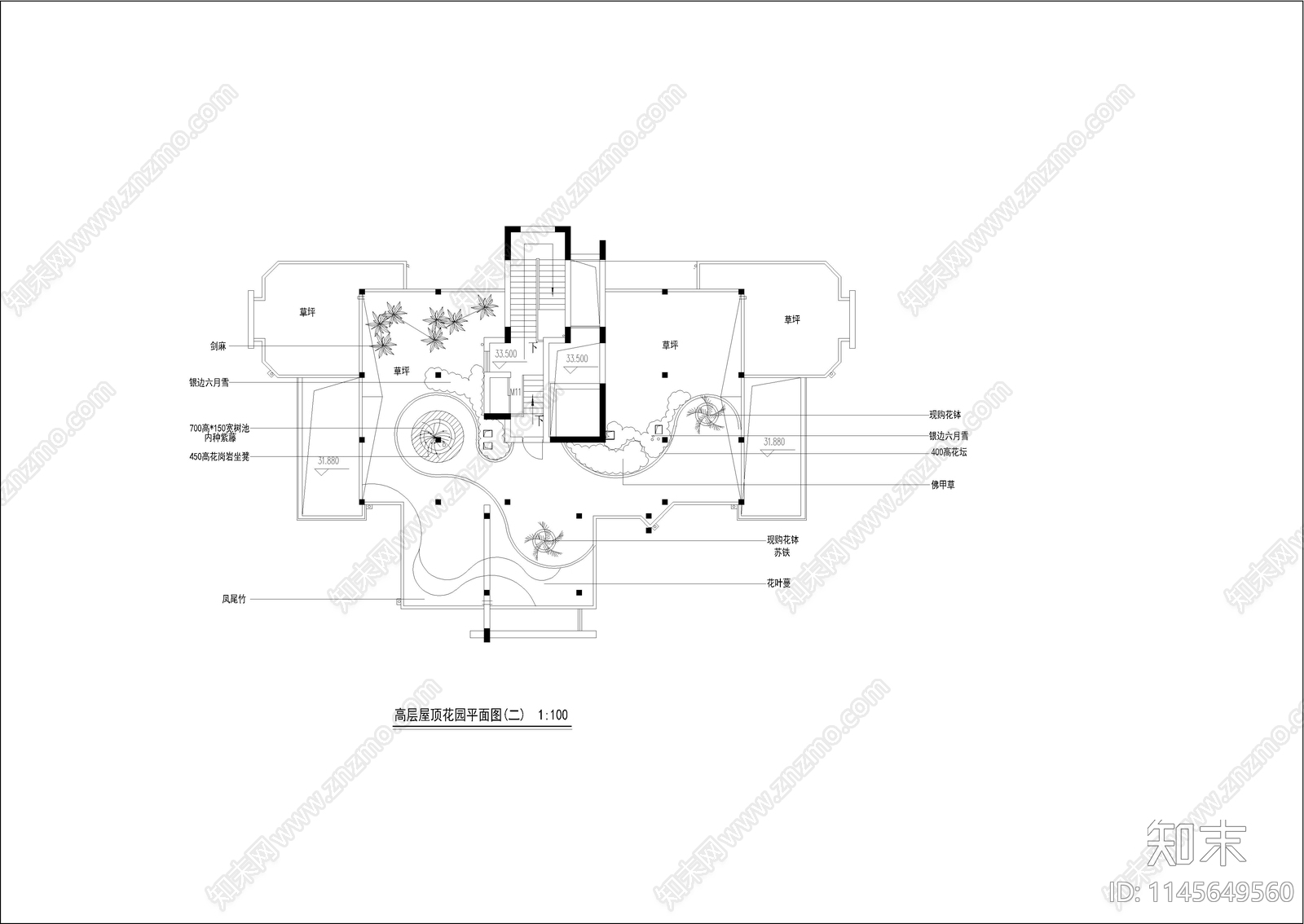 高层屋顶花园平面图cad施工图下载【ID:1145649560】