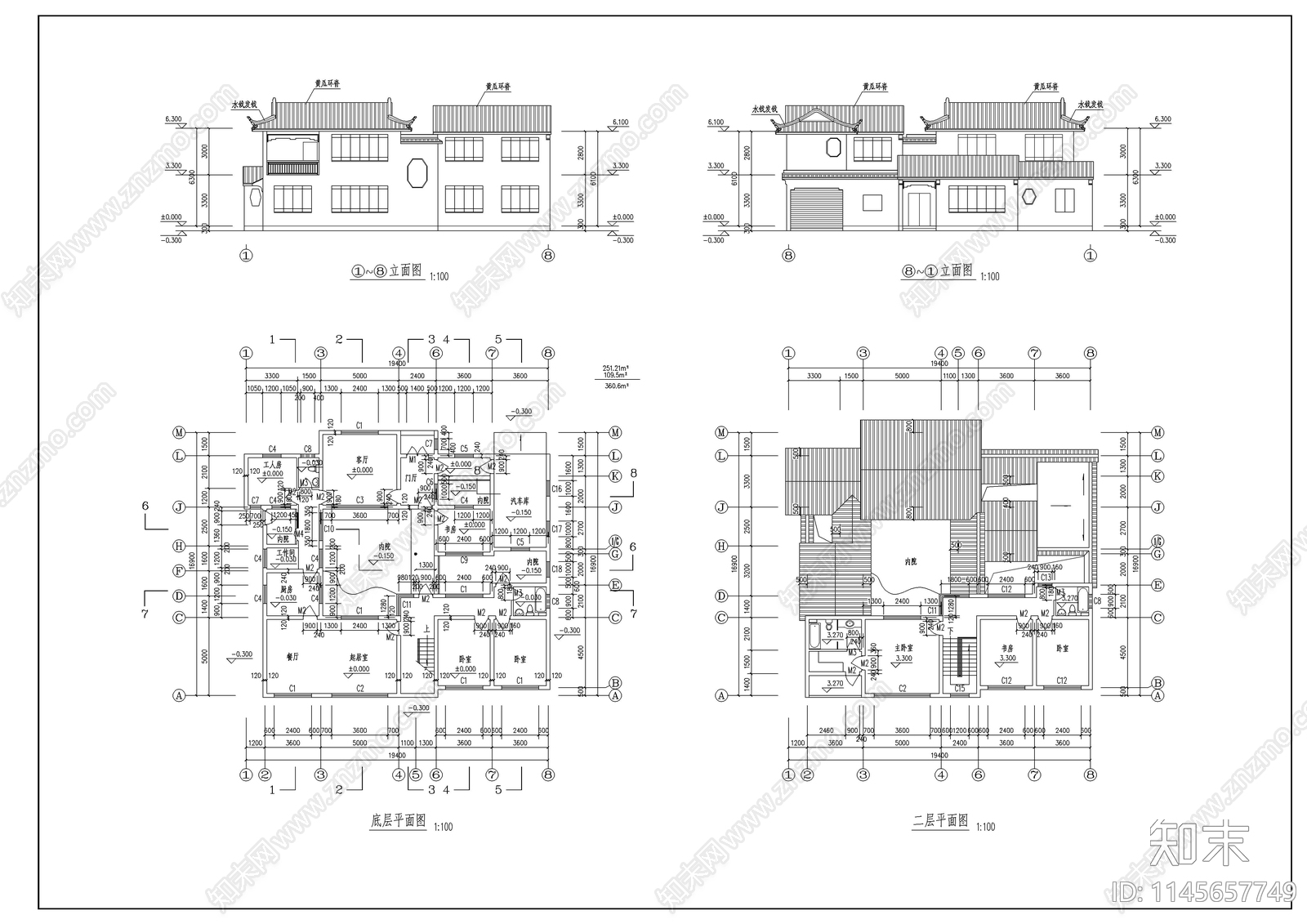 三套古建别墅建筑图cad施工图下载【ID:1145657749】