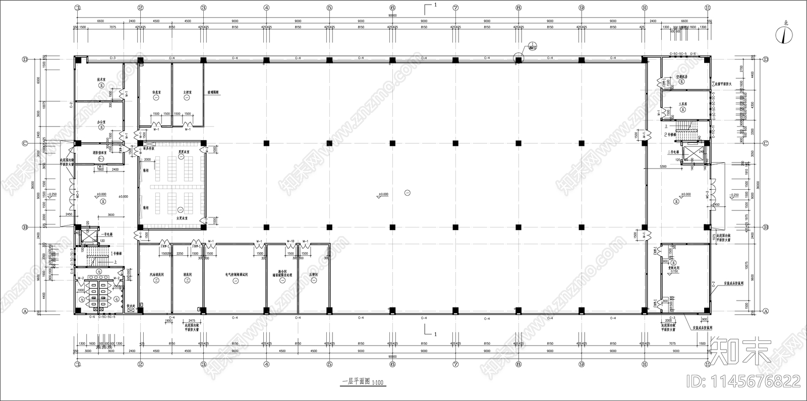 3层装配车间建筑cad施工图下载【ID:1145676822】
