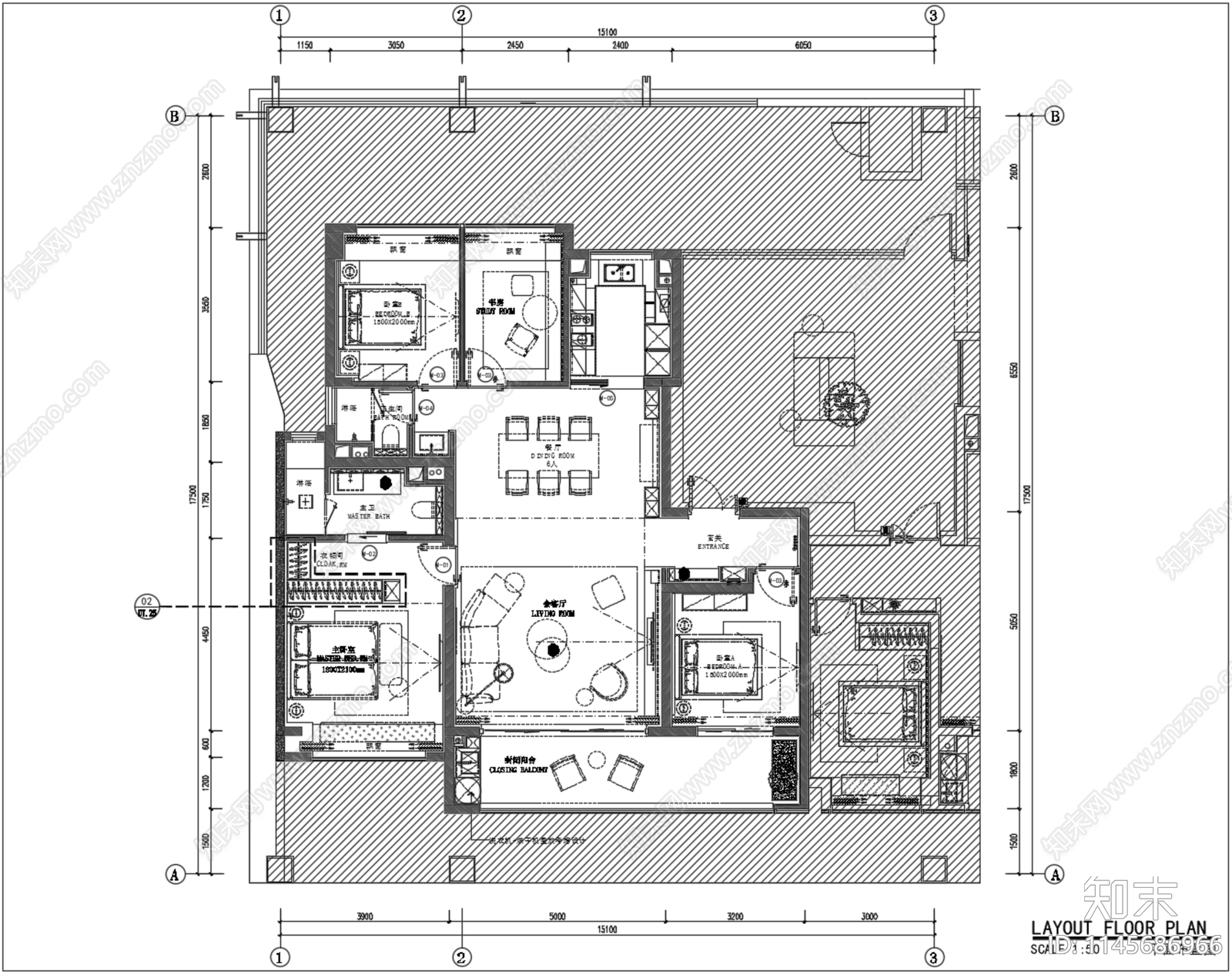丹健国际南京伟星誉璟府143户型样板房施工图下载【ID:1145686966】