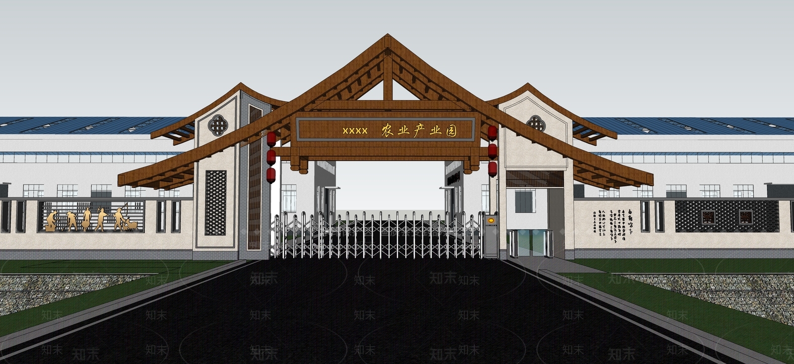 新中式园区入口大门SU模型下载【ID:1145724137】