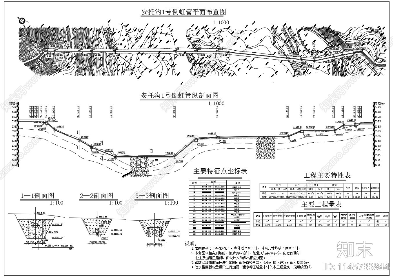 工程倒虹管平面剖面节点图cad施工图下载【ID:1145733944】