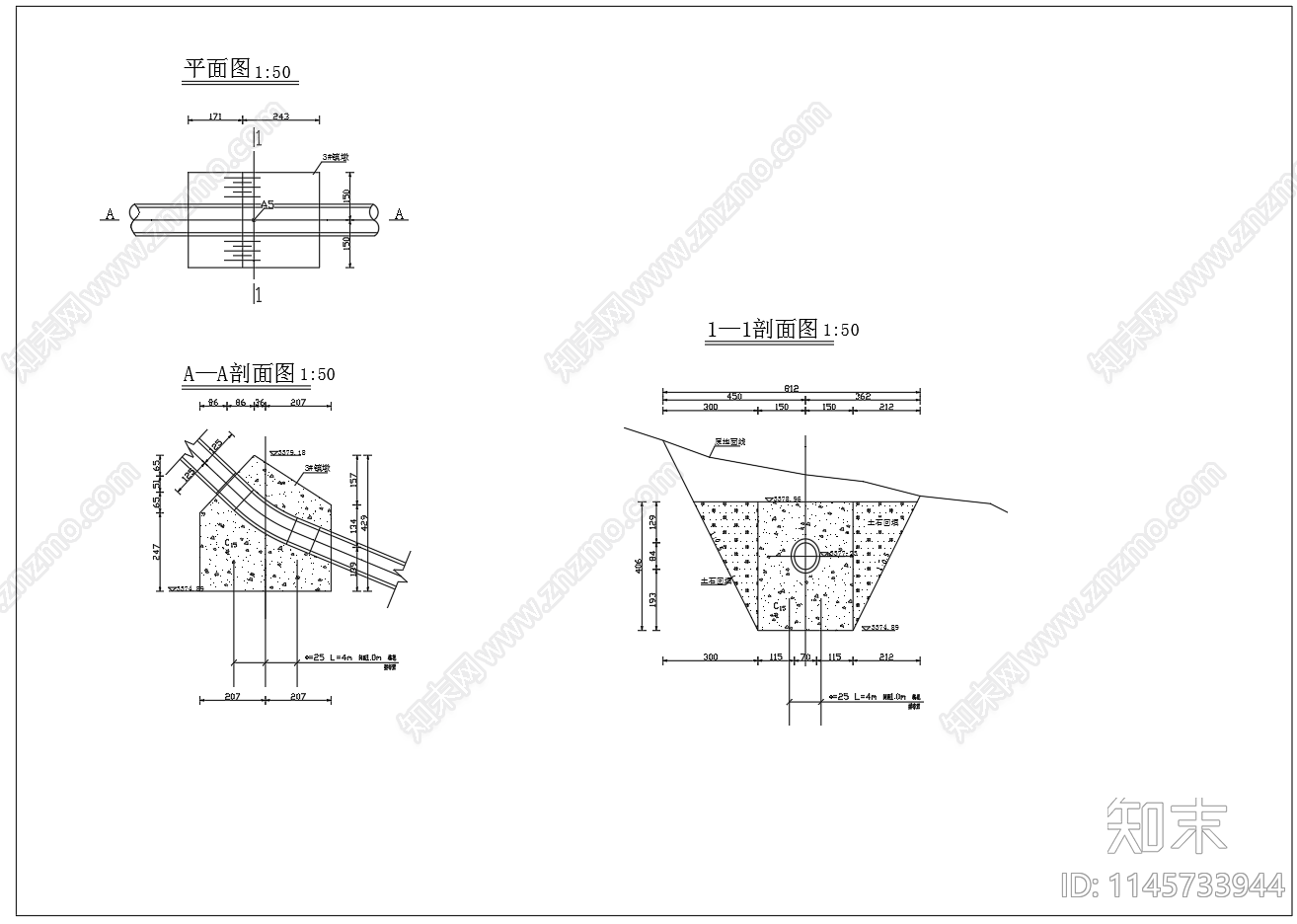 工程倒虹管平面剖面节点图cad施工图下载【ID:1145733944】