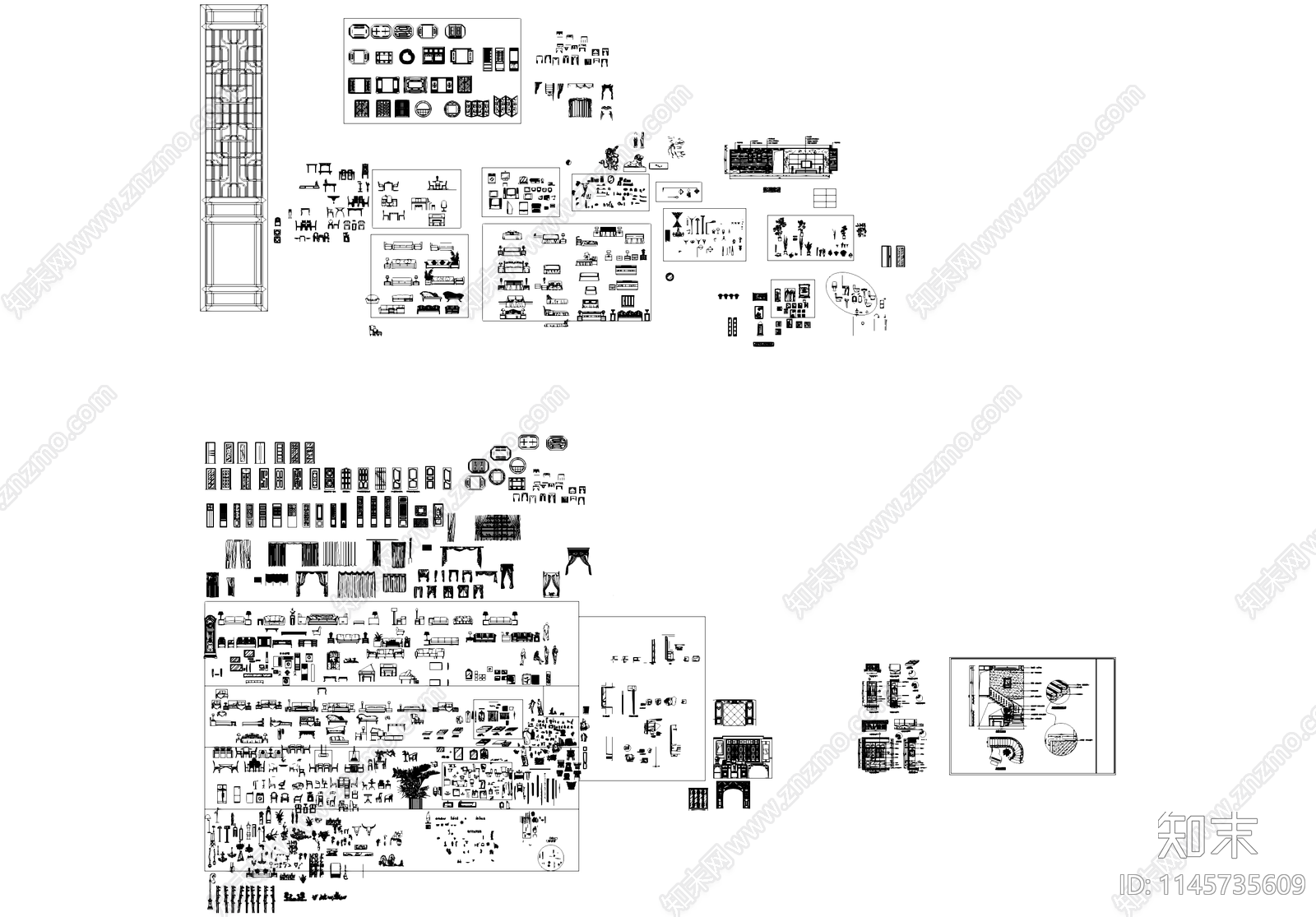 室内家具构件摆件综合图库桌椅门沙发屏风拼花电器植物施工图下载【ID:1145735609】