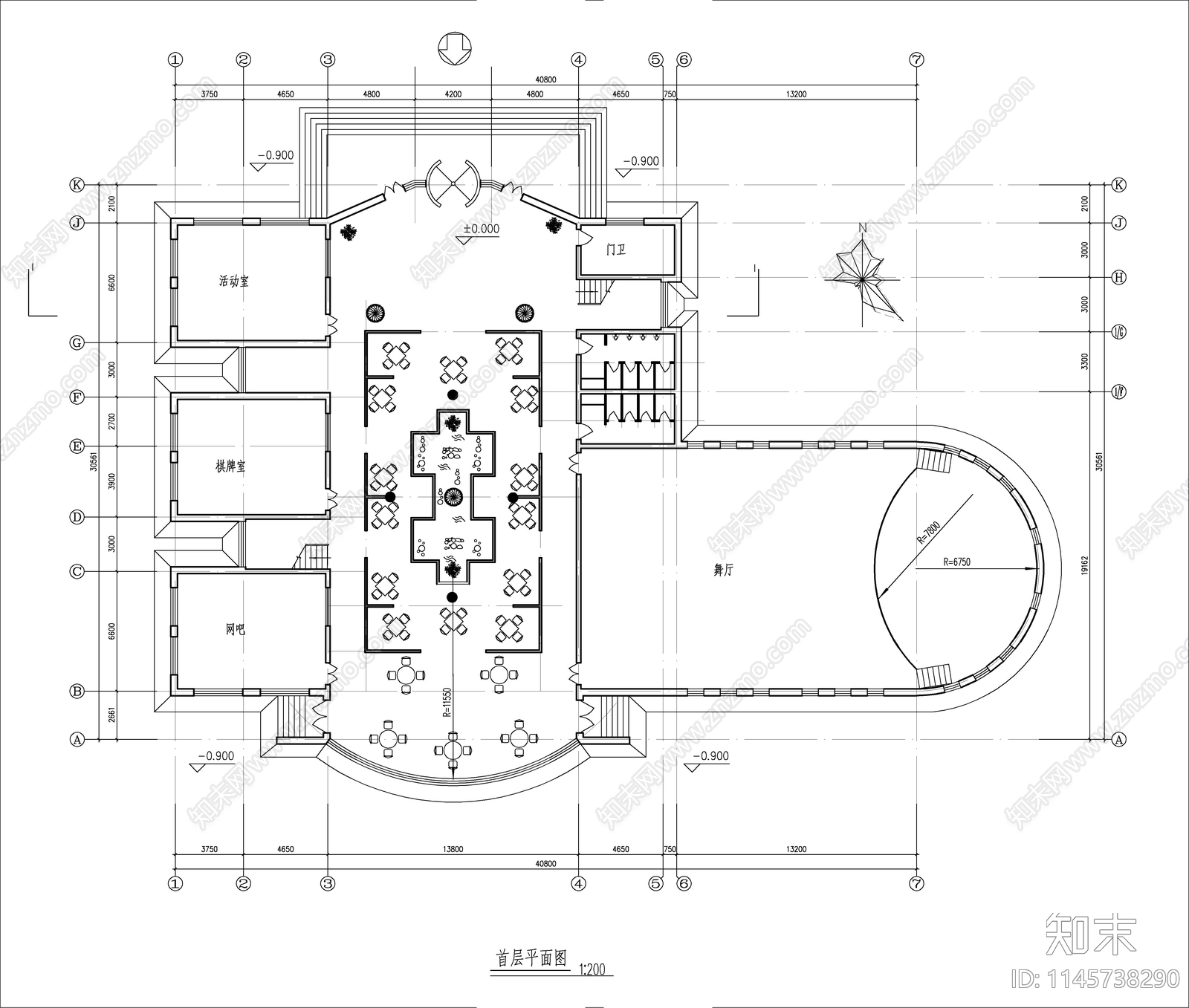 大学生活动中心平面cad施工图下载【ID:1145738290】