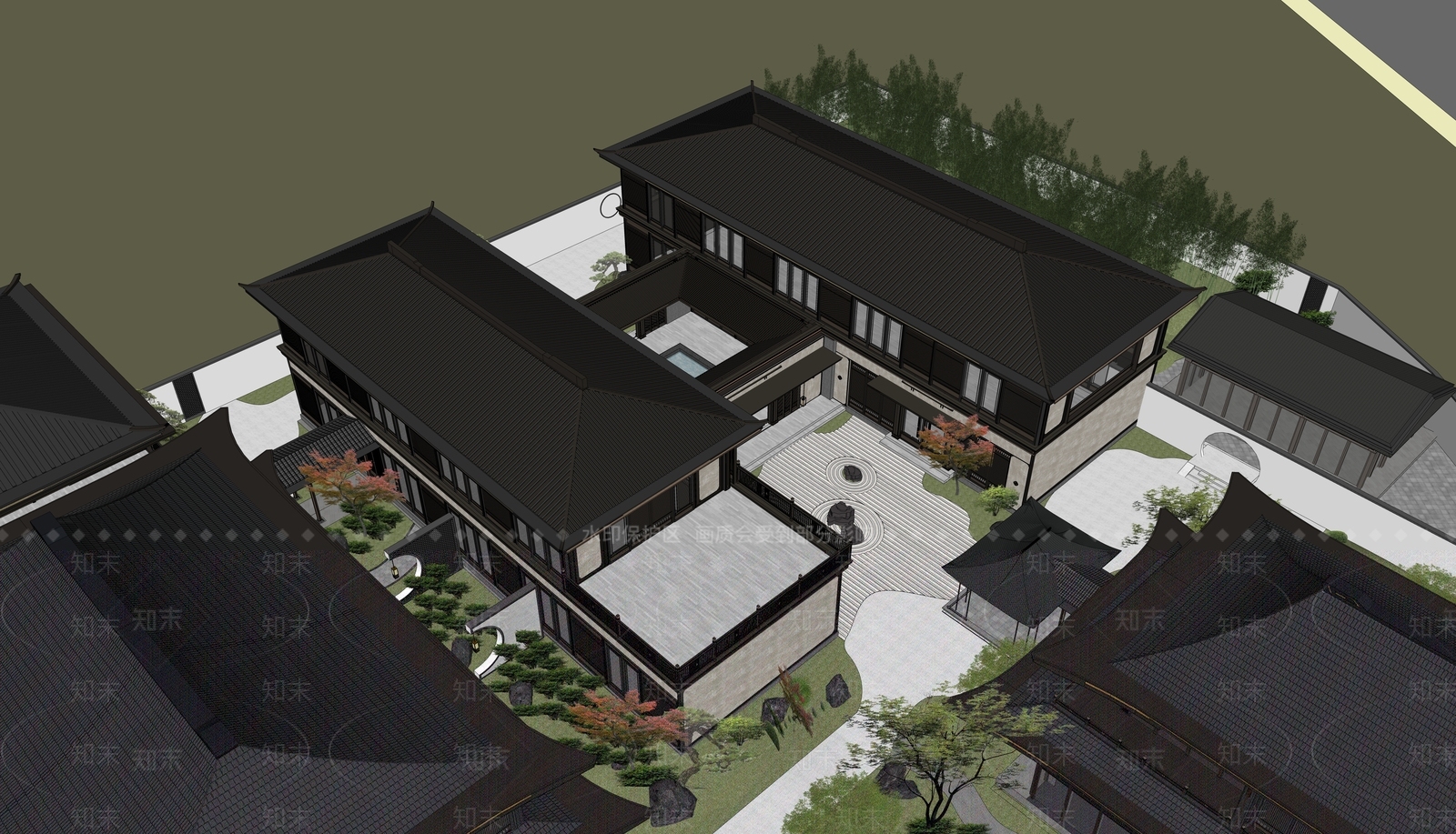 新中式酒店建筑SU模型下载【ID:1145937530】