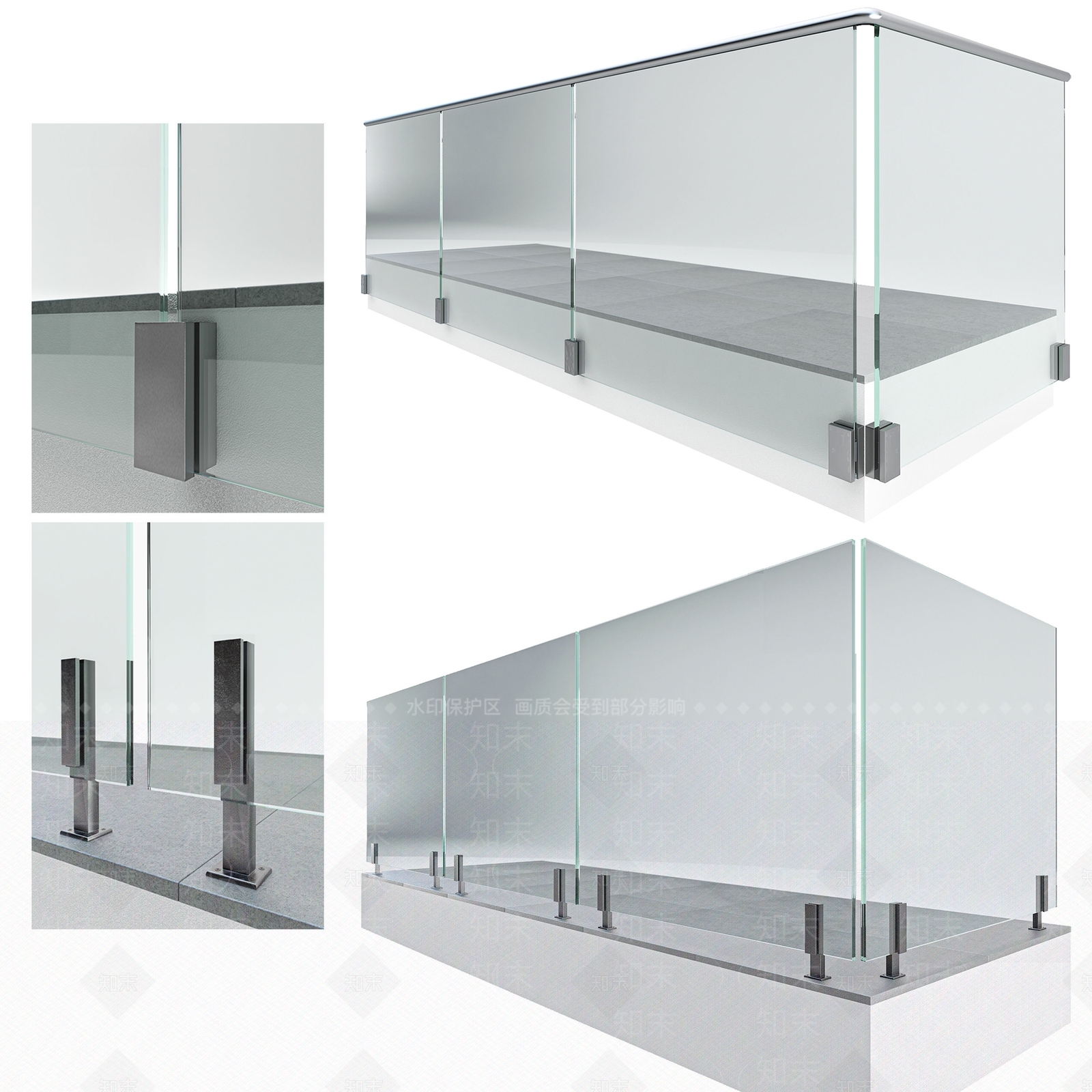 现代阳台不锈钢玻璃栏杆SU模型下载【ID:1145750559】