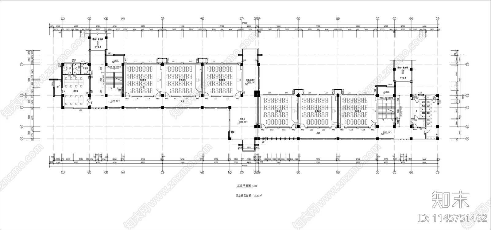 西安大学教学楼建筑cad施工图下载【ID:1145751462】