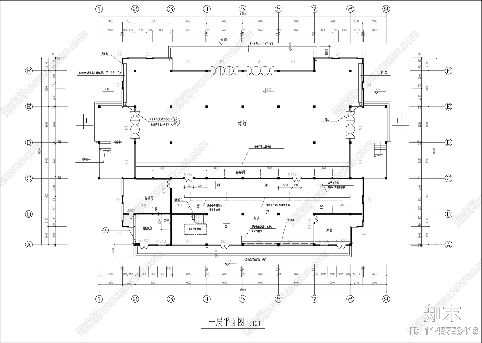 学院食堂建筑cad施工图下载【ID:1145753418】