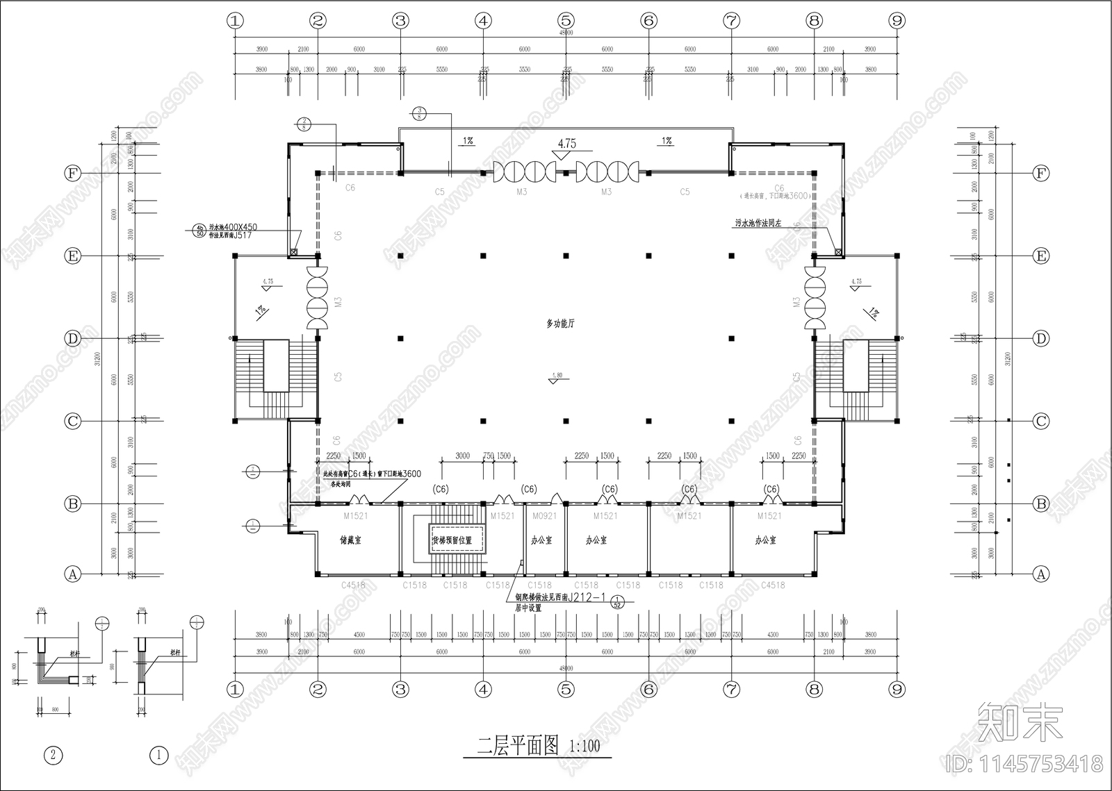 学院食堂建筑cad施工图下载【ID:1145753418】