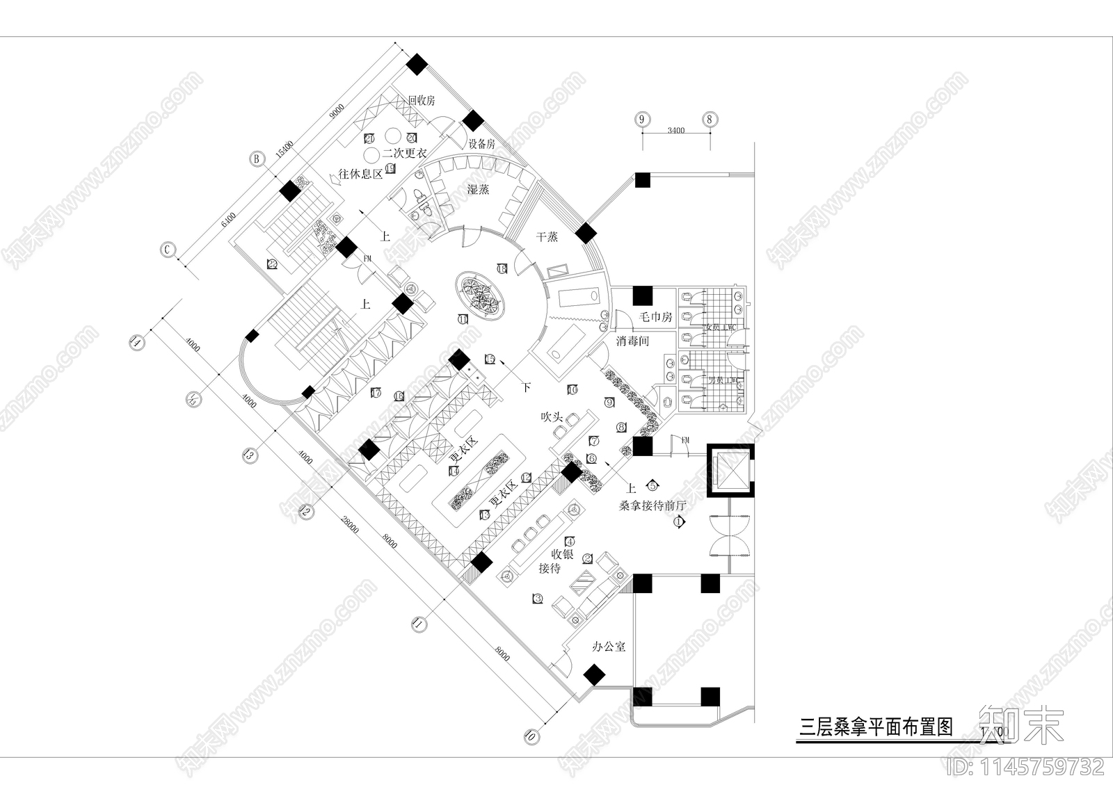 1200㎡汤泉cad施工图下载【ID:1145759732】
