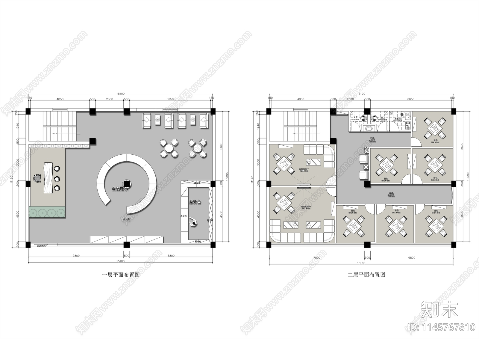 两层茶叶店棋牌室平面布局cad施工图下载【ID:1145767810】