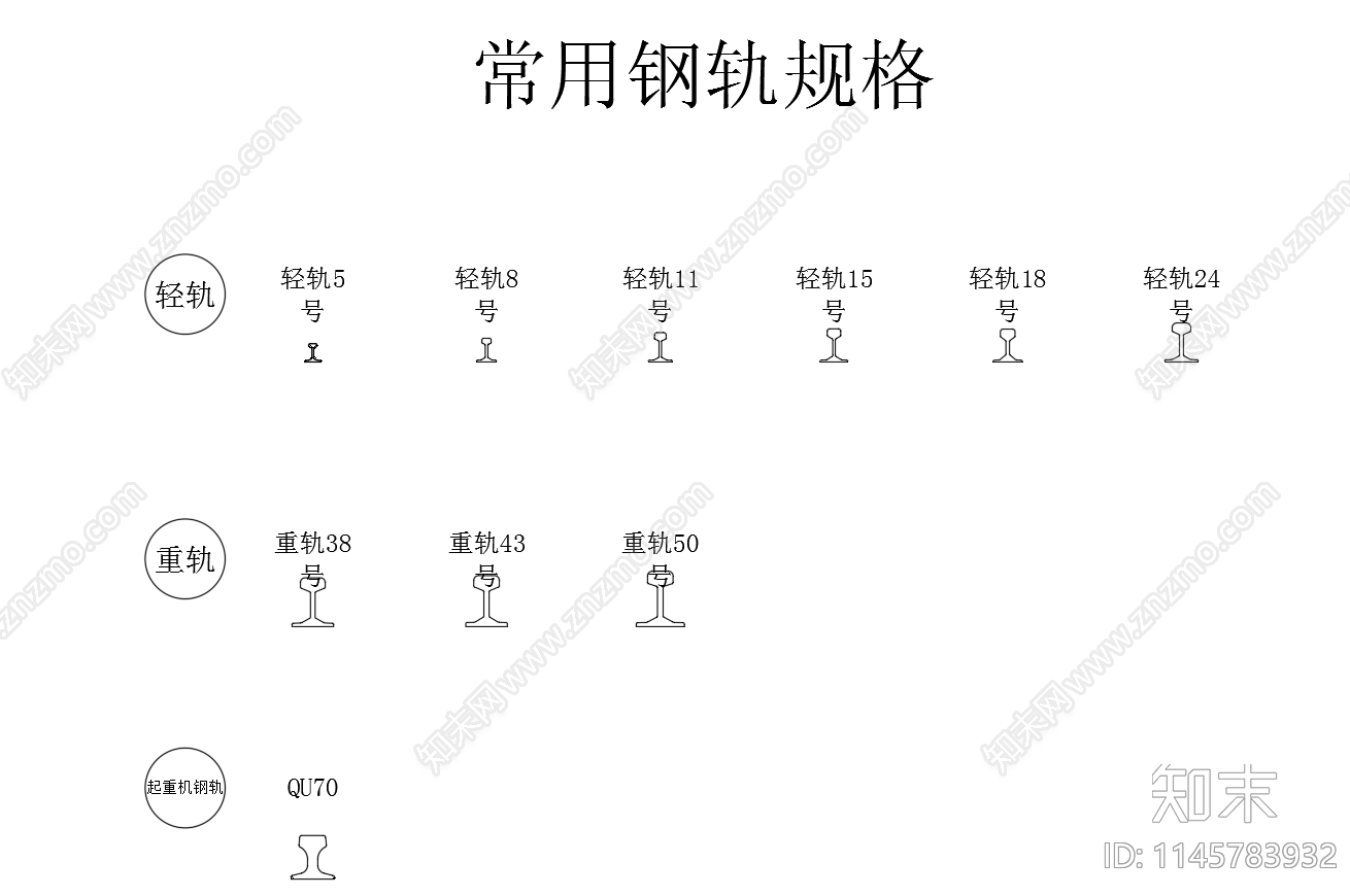 常用钢轨工字钢T型钢截面图块施工图下载【ID:1145783932】