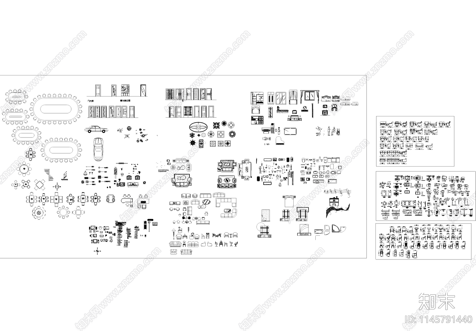 桌子椅子沙发厨卫设施床门电视机室内家具综合图库cad施工图下载【ID:1145791440】
