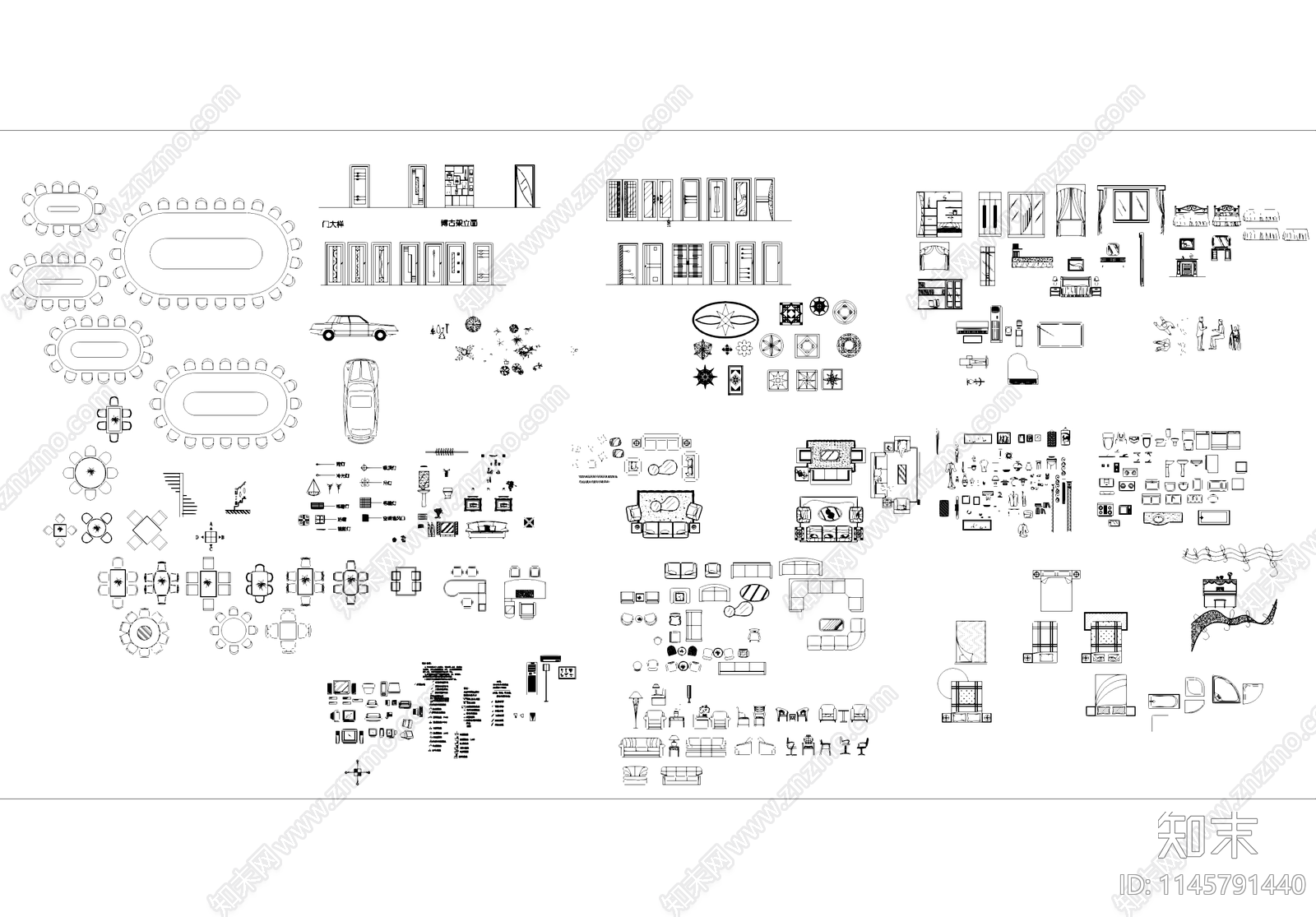 桌子椅子沙发厨卫设施床门电视机室内家具综合图库cad施工图下载【ID:1145791440】