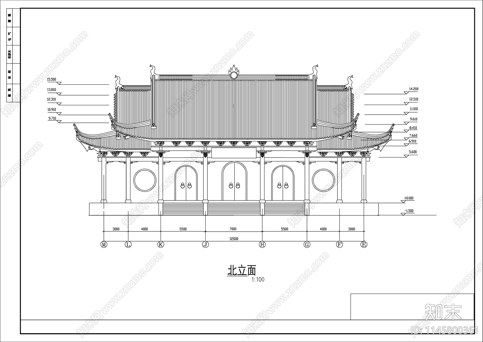 山门殿建筑cad施工图下载【ID:1145800361】