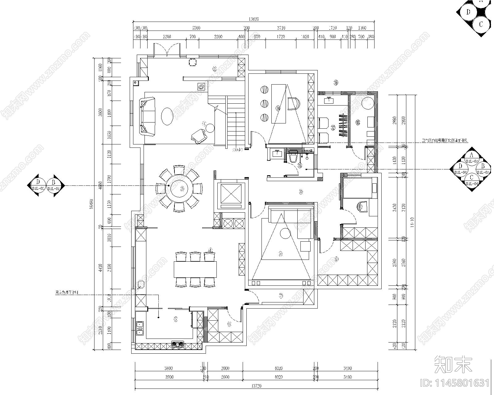 现代别墅三层室内cad施工图下载【ID:1145801631】