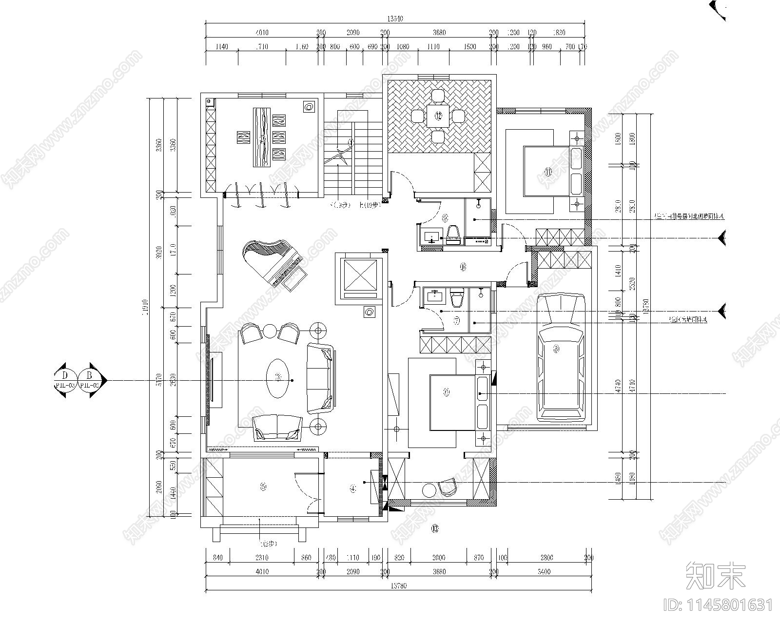 现代别墅三层室内cad施工图下载【ID:1145801631】