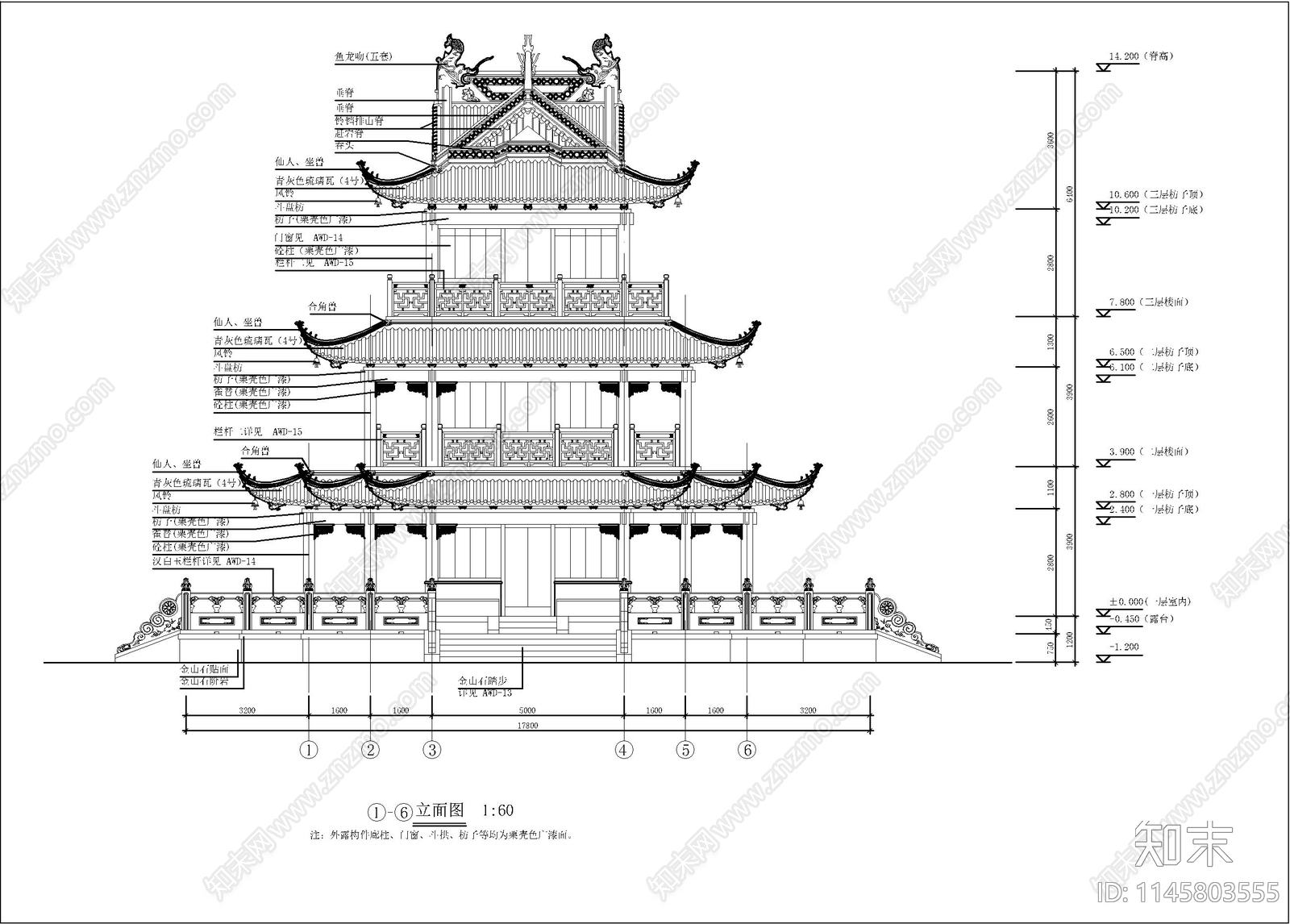 公园塔仿古建筑cad施工图下载【ID:1145803555】