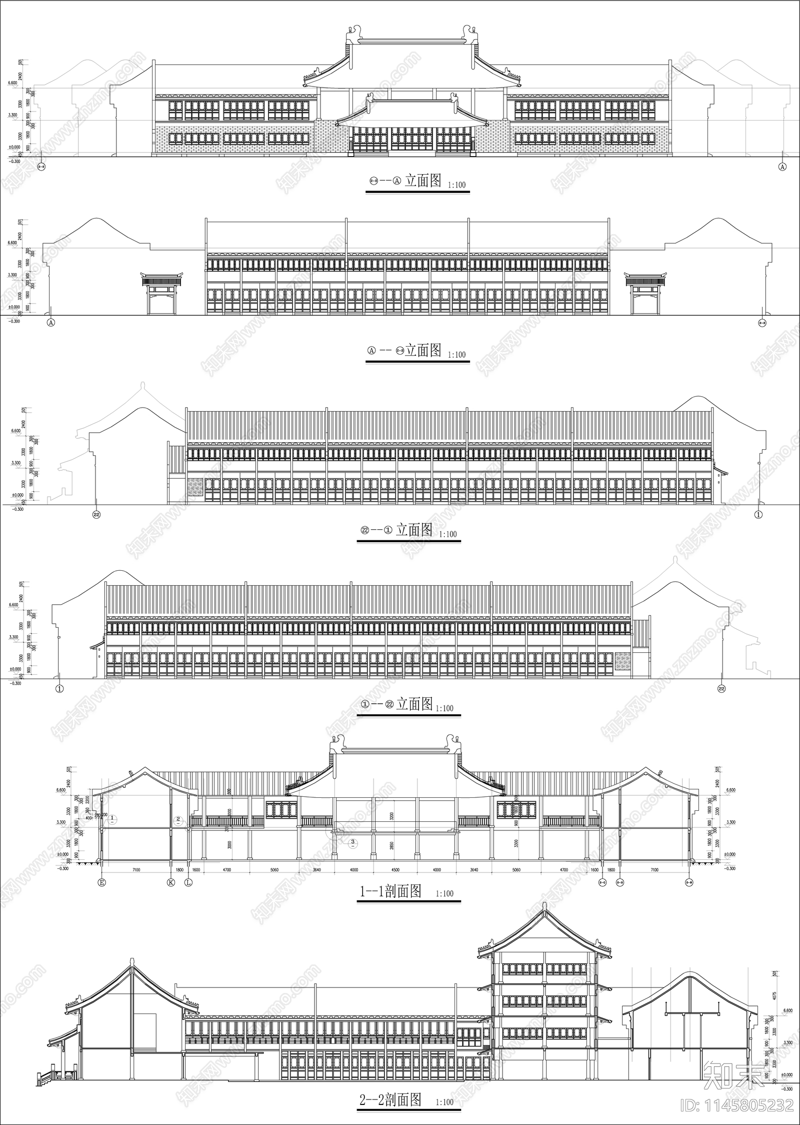 仿古商业街建筑cad施工图下载【ID:1145805232】