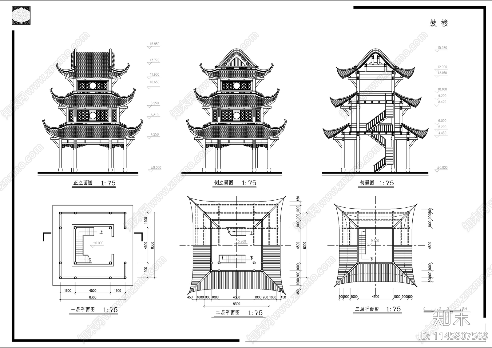 某宝轮寺建筑cad施工图下载【ID:1145807569】