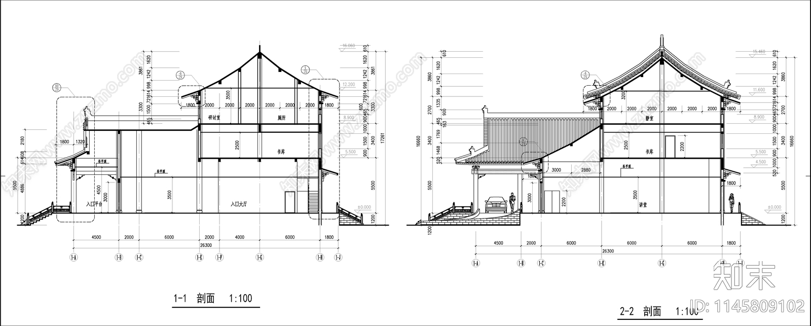 中式风学校建筑cad施工图下载【ID:1145809102】