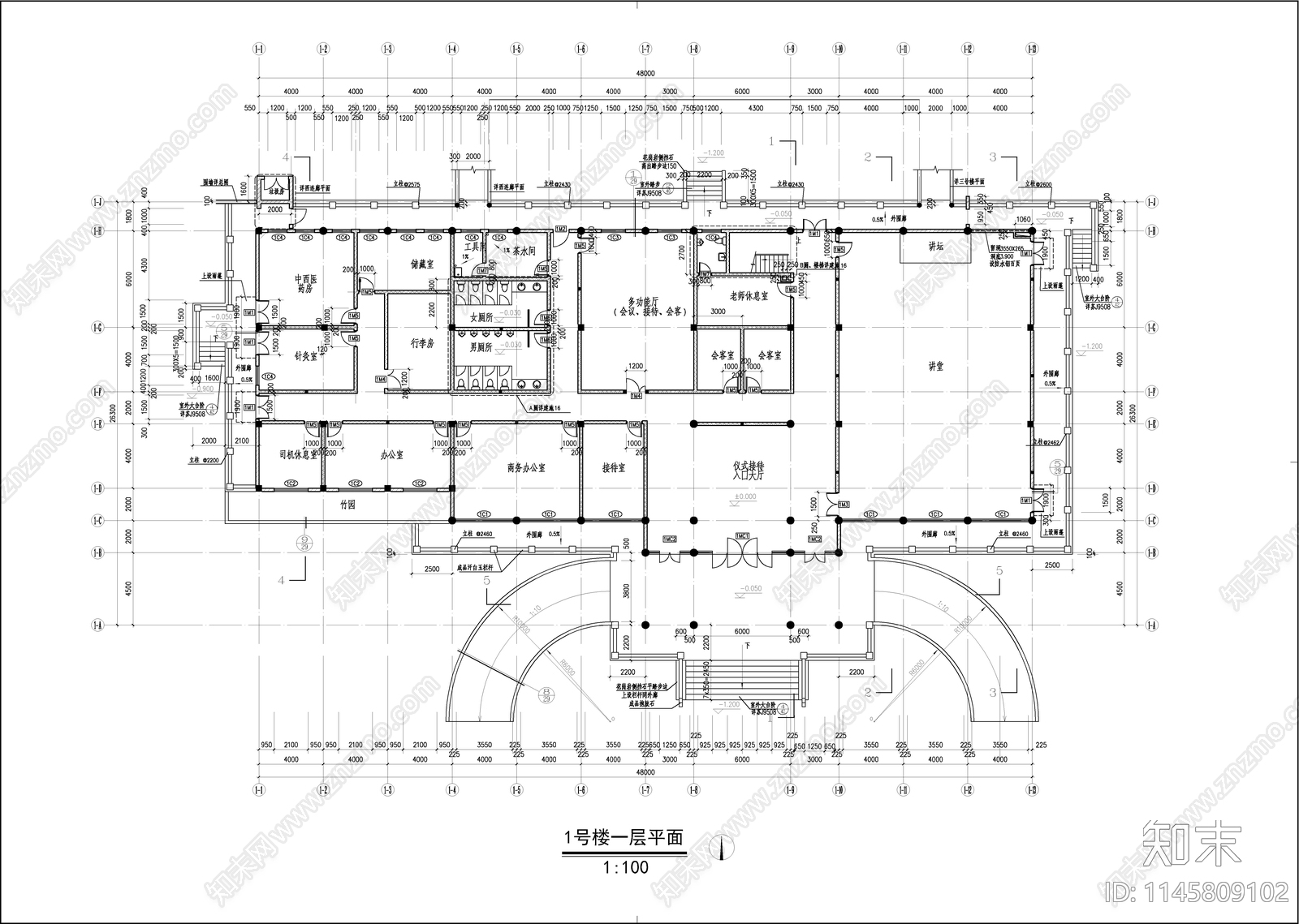 中式风学校建筑cad施工图下载【ID:1145809102】