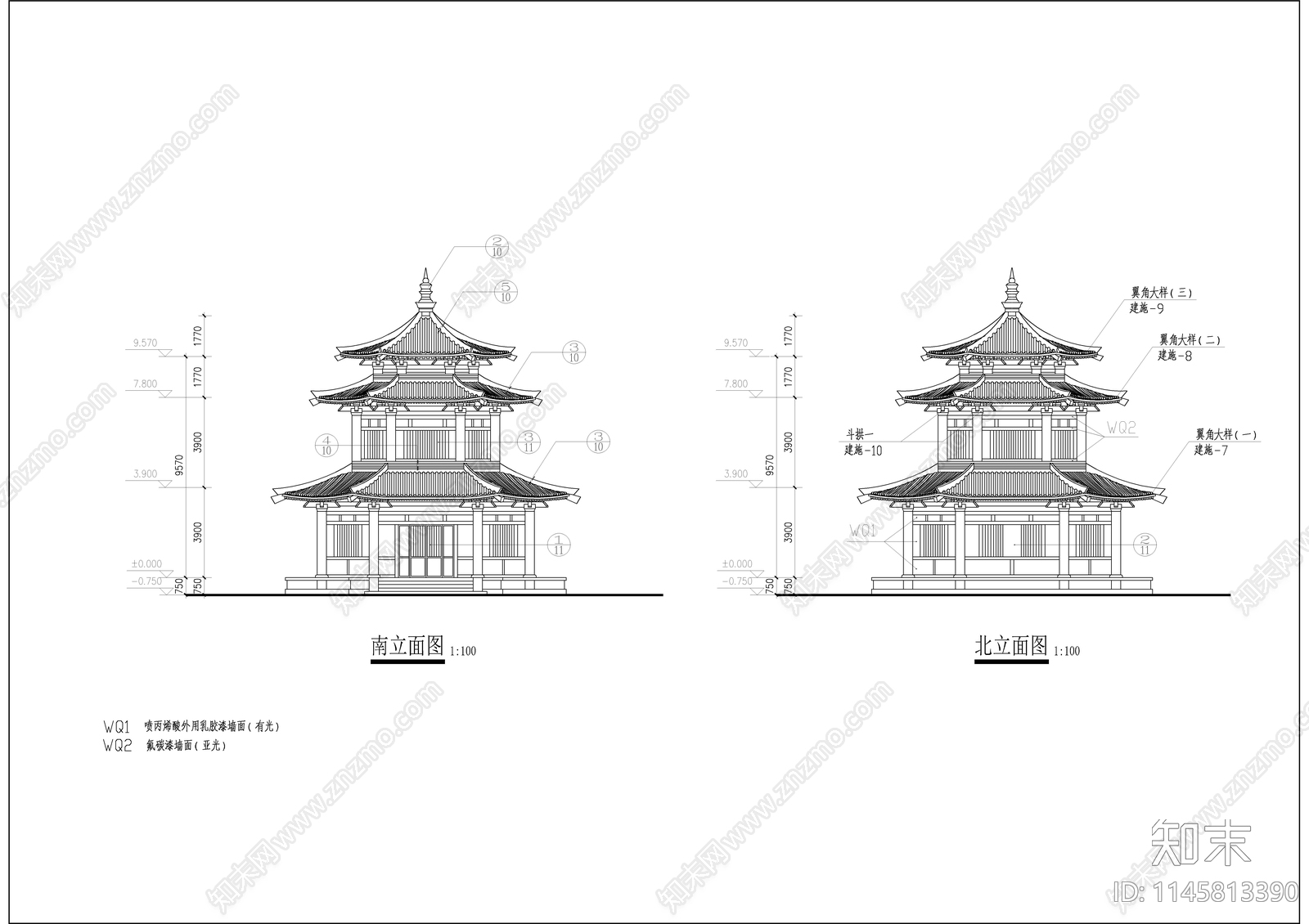 古建仿唐紫云阁建筑cad施工图下载【ID:1145813390】