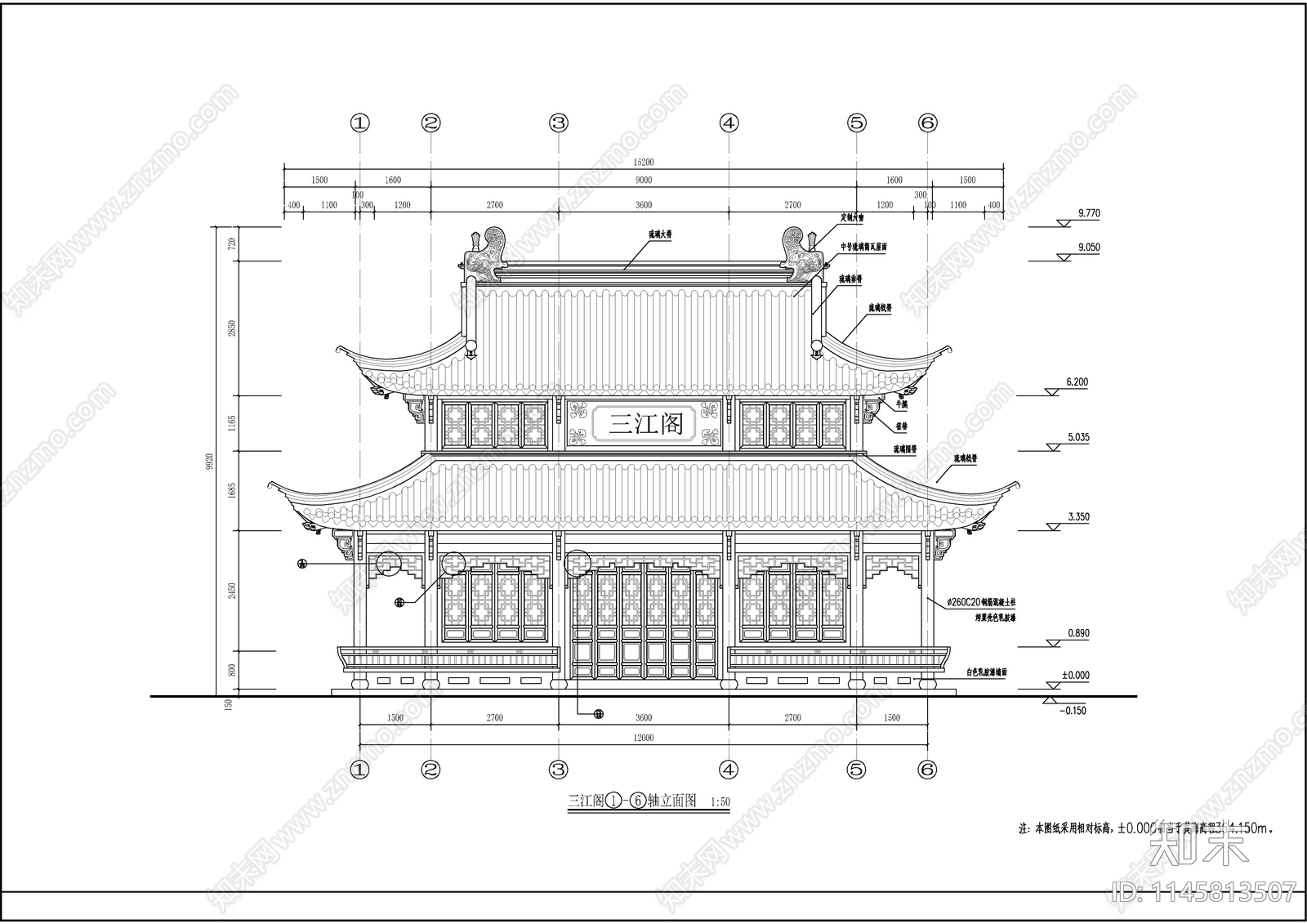 古建三江阁建筑cad施工图下载【ID:1145813507】