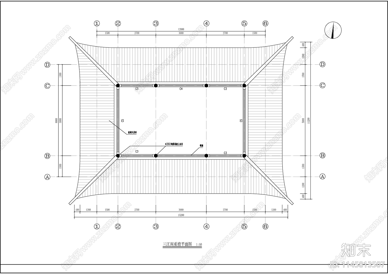 古建三江阁建筑cad施工图下载【ID:1145813507】