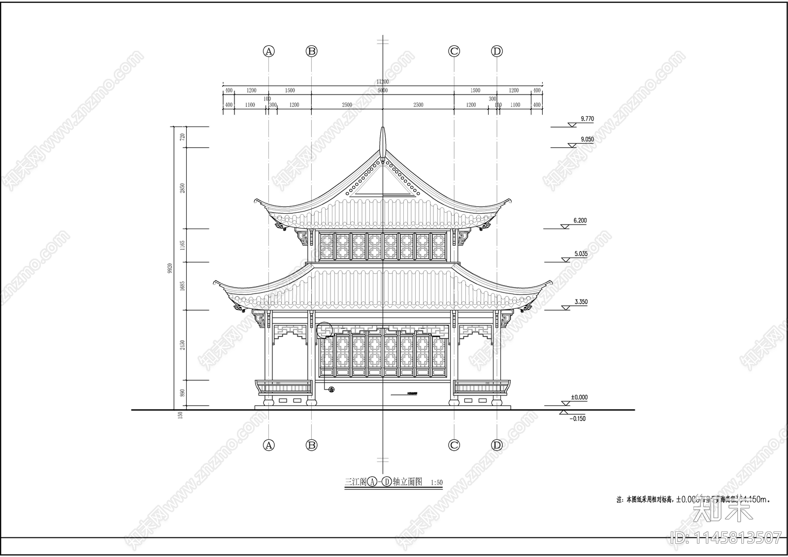 古建三江阁建筑cad施工图下载【ID:1145813507】