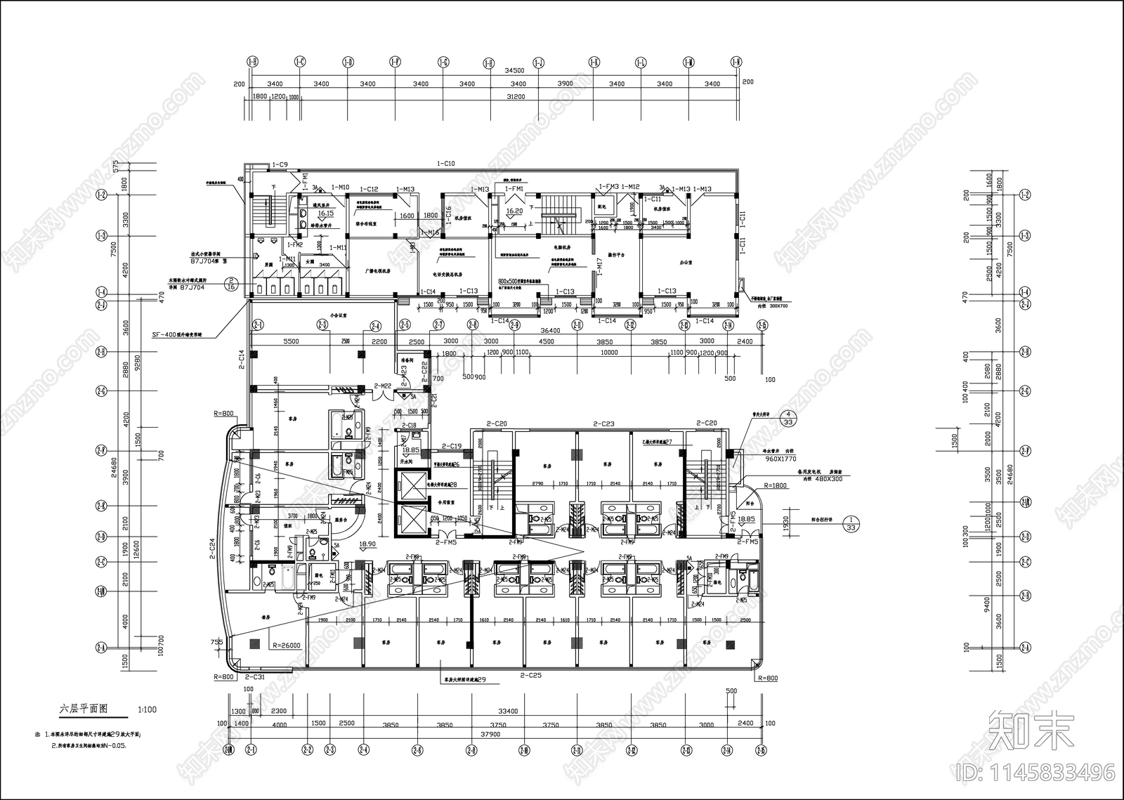 13层框架剪力墙三星级宾馆建筑施工图下载【ID:1145833496】