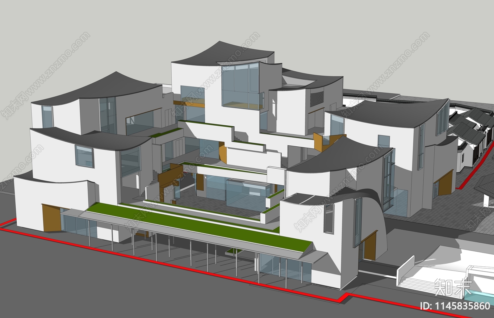 新中式坡屋顶美术展览馆SU模型下载【ID:1145835860】