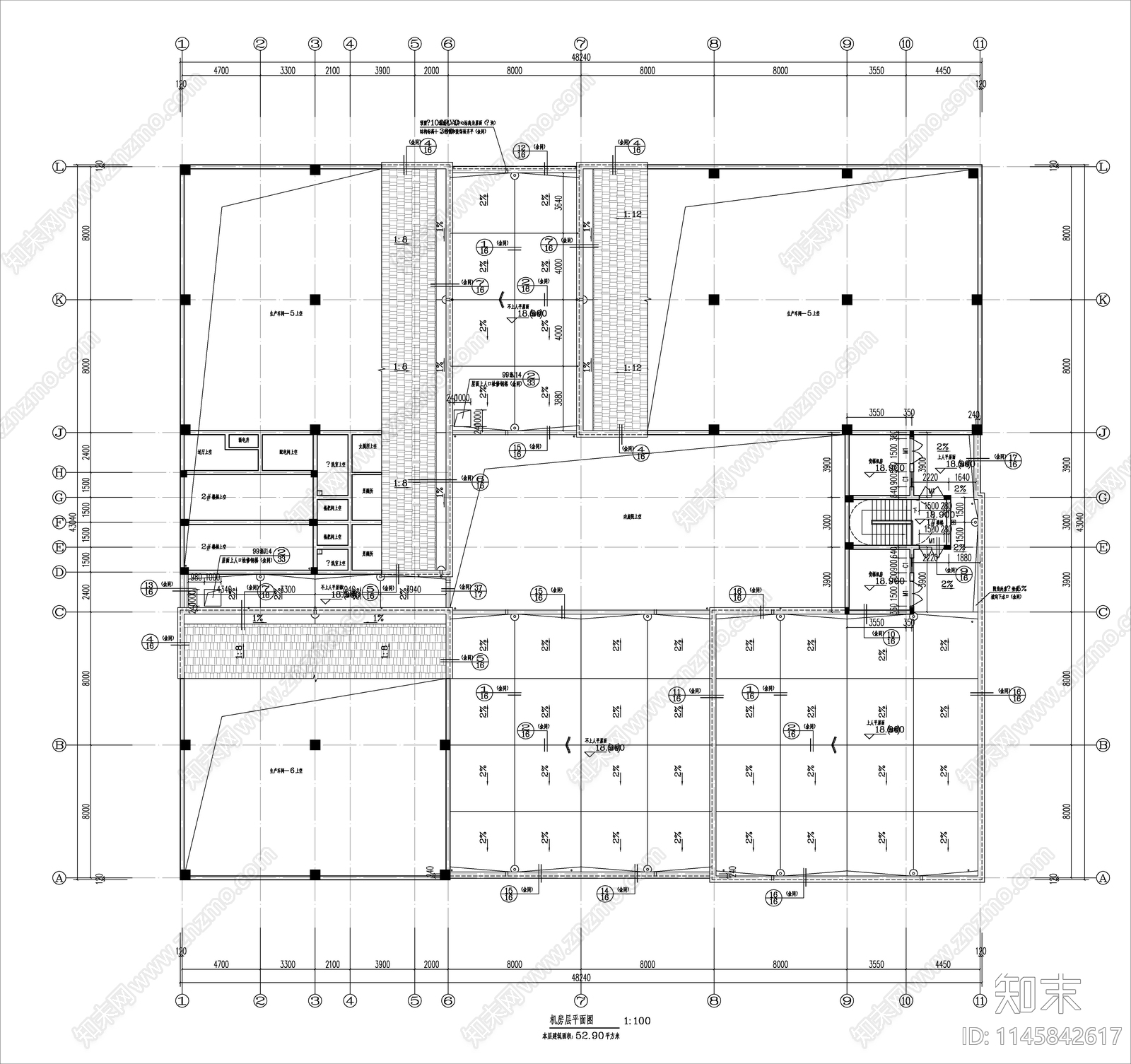 回字形生产车间建筑cad施工图下载【ID:1145842617】