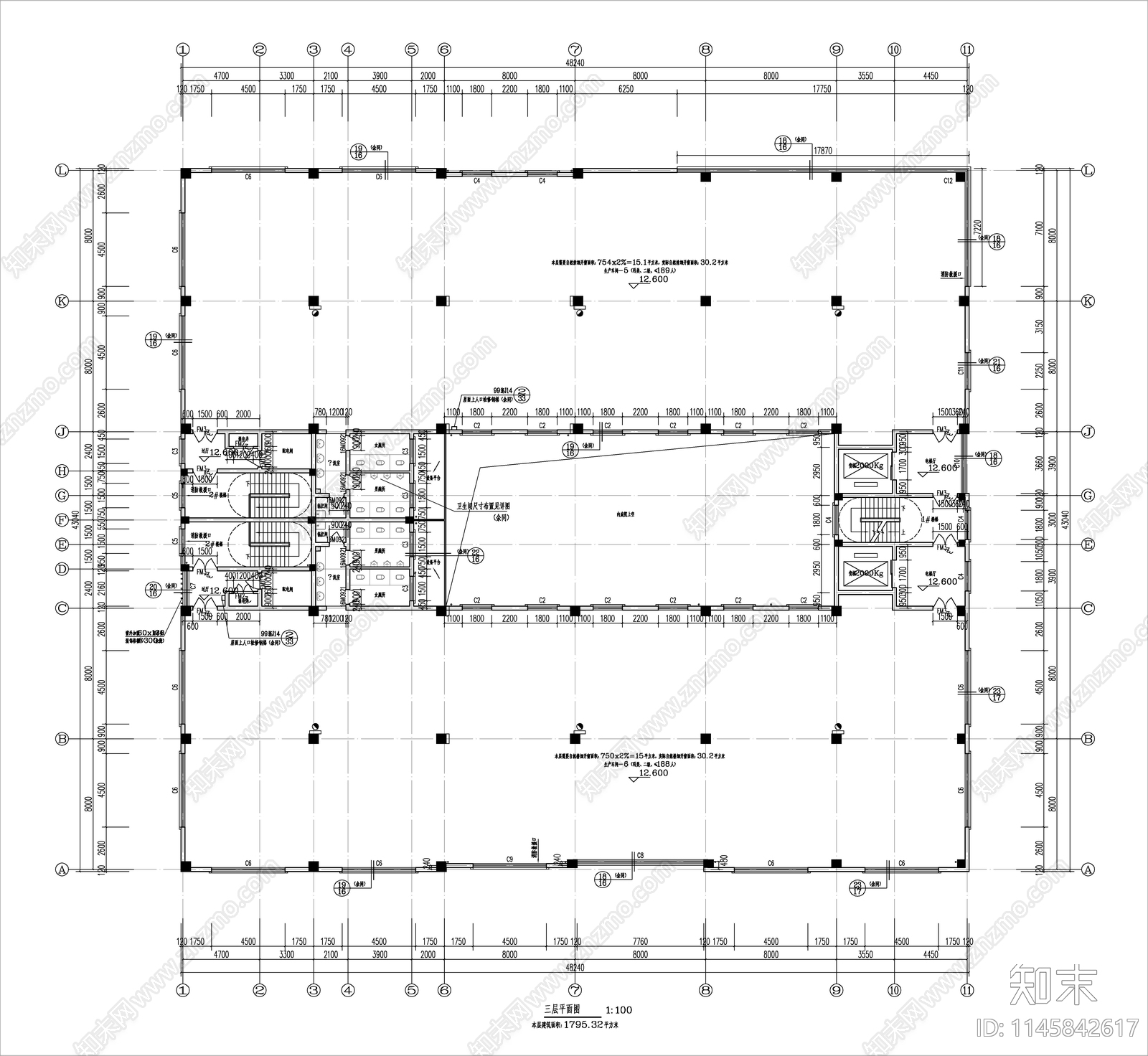 回字形生产车间建筑cad施工图下载【ID:1145842617】