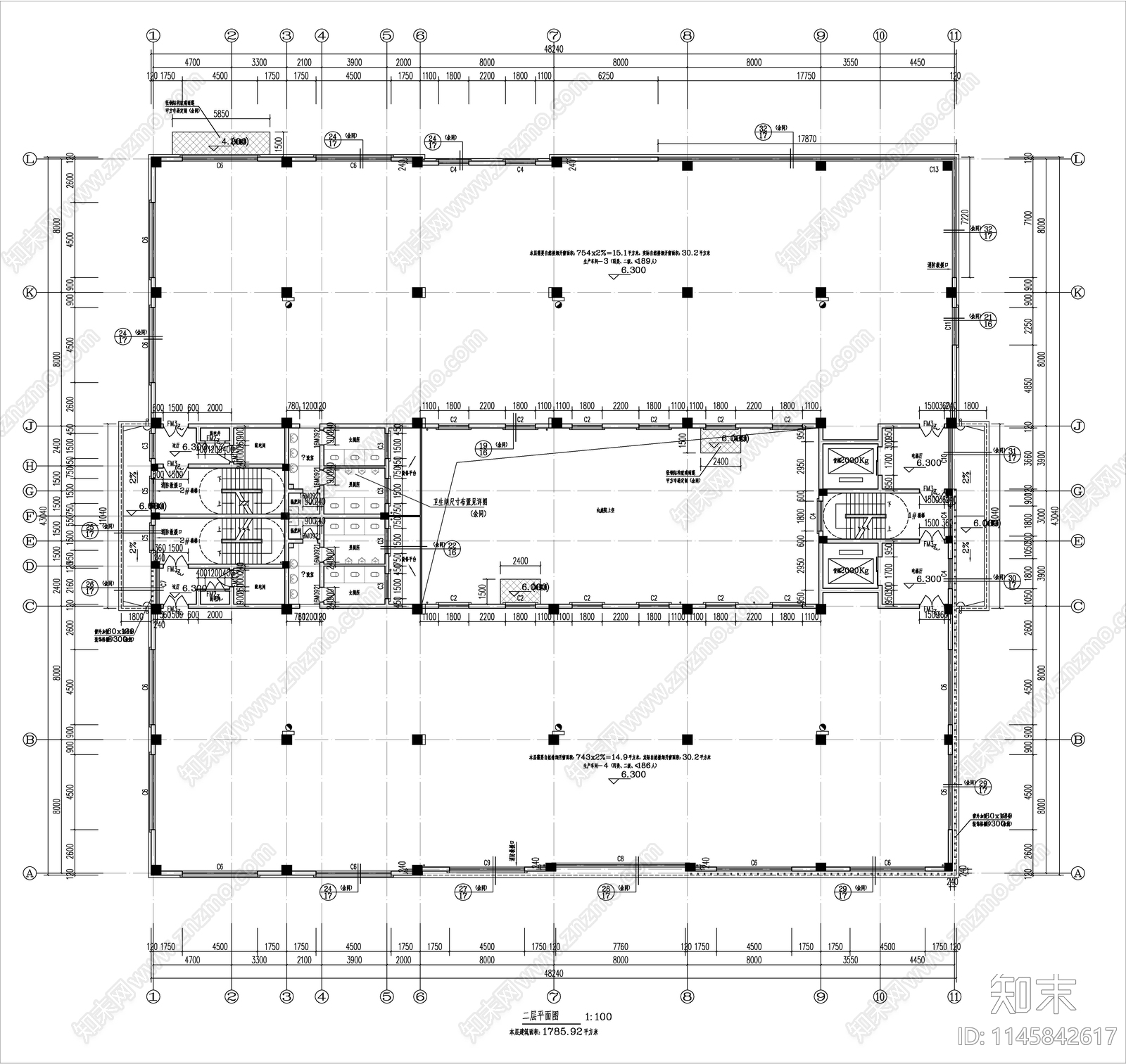 回字形生产车间建筑cad施工图下载【ID:1145842617】