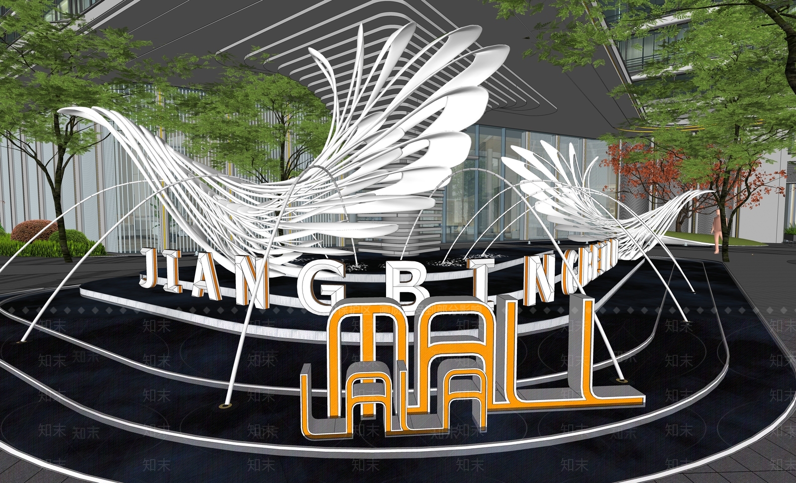 现代商业街入口水景SU模型下载【ID:1145845370】