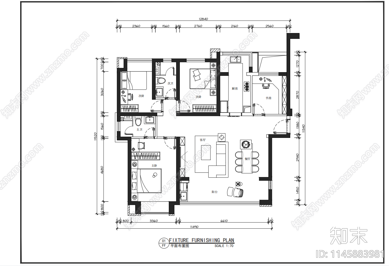 120㎡三室一厅平面布置图施工图下载【ID:1145883981】