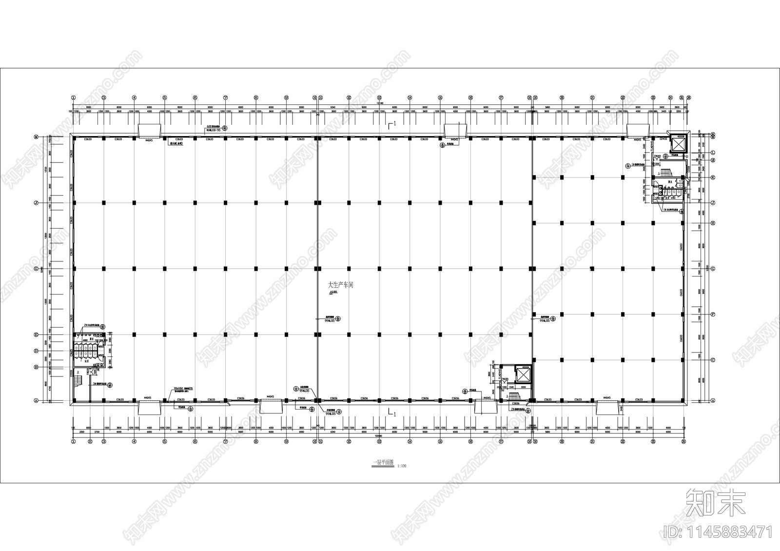 钢构大生产车间厂房建筑cad施工图下载【ID:1145883471】
