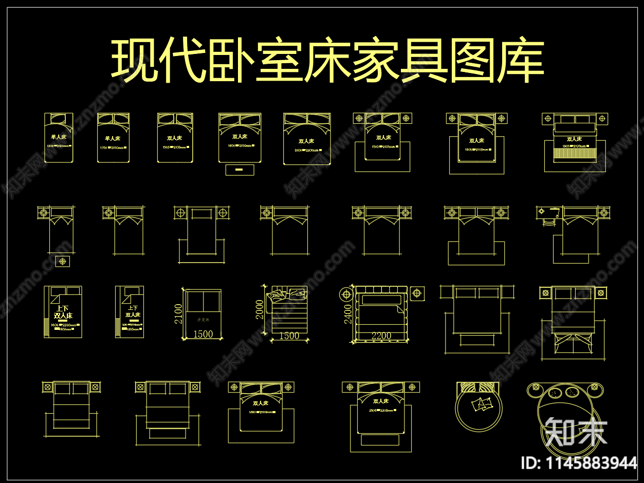 现代双人床家具图库cad施工图下载【ID:1145883944】