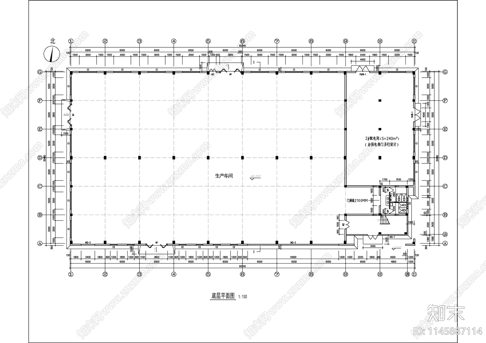框架结构生产车间建筑cad施工图下载【ID:1145887114】